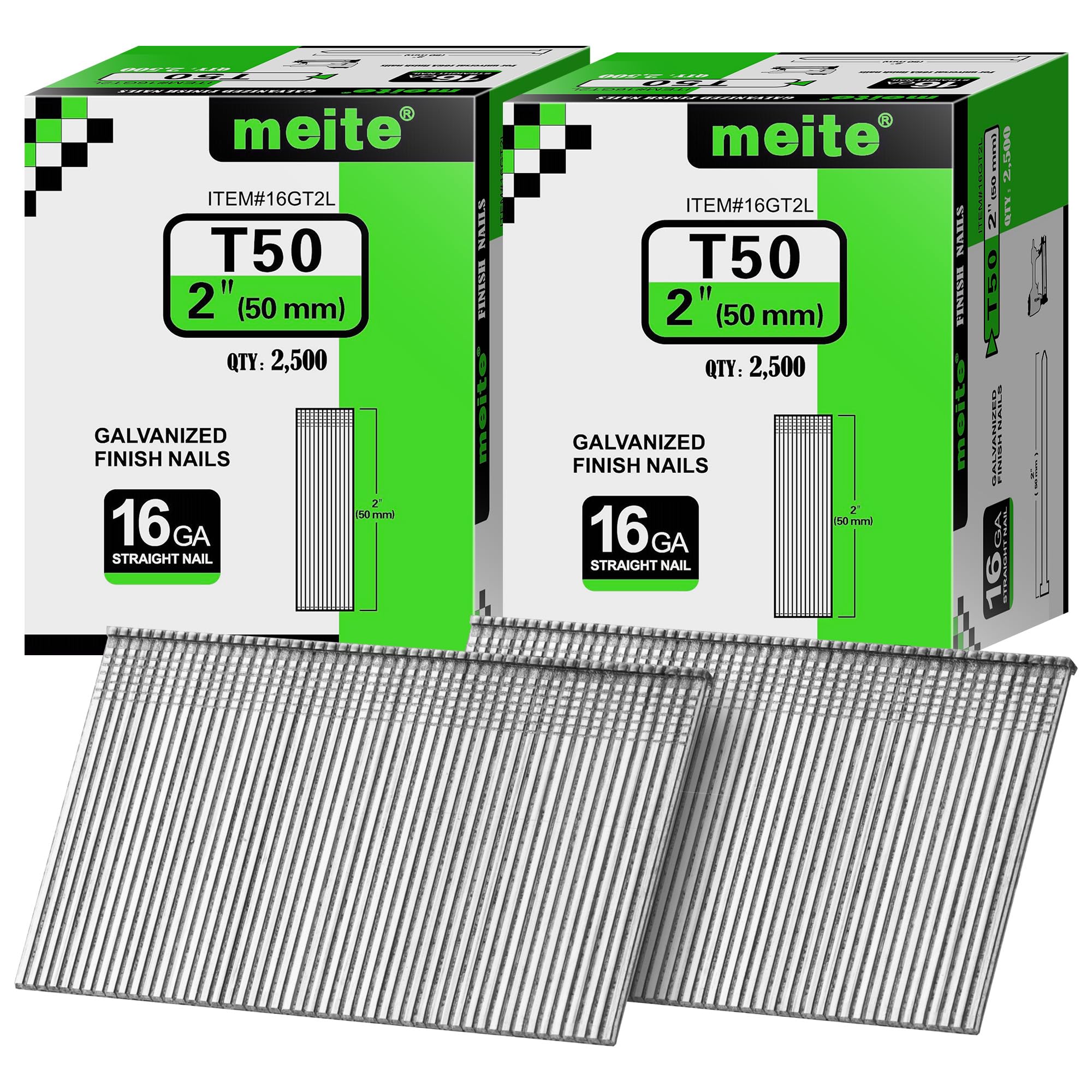 meite 16 Gauge Finish Nails 2 Inch Galvanized Straight T-Nails 5,000PCS