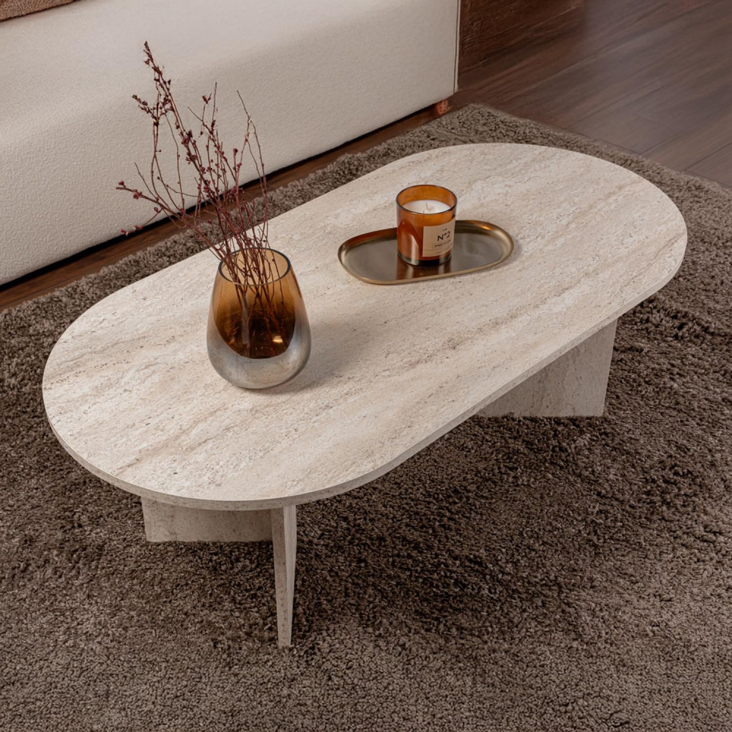 CONCEPTO FÁBRICA | Mesa baja ovalada 119 x 60 cm Acabado Travertino LYU | Elegancia Mineral y Estilo Natural | Madera Melaminada resistente | Diseño suave y contemporáneo | Salón Mediterráneo o