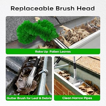 13ft Gutter Cleaning Tools From the Ground, No Ladder Needed, 3-in-1 Gutter Cleaner Pole with Replaceable Brush Rake Scoop, 180 Adjustable Angle for Leaves & Debris Cleaning with Grip Tapes, Green