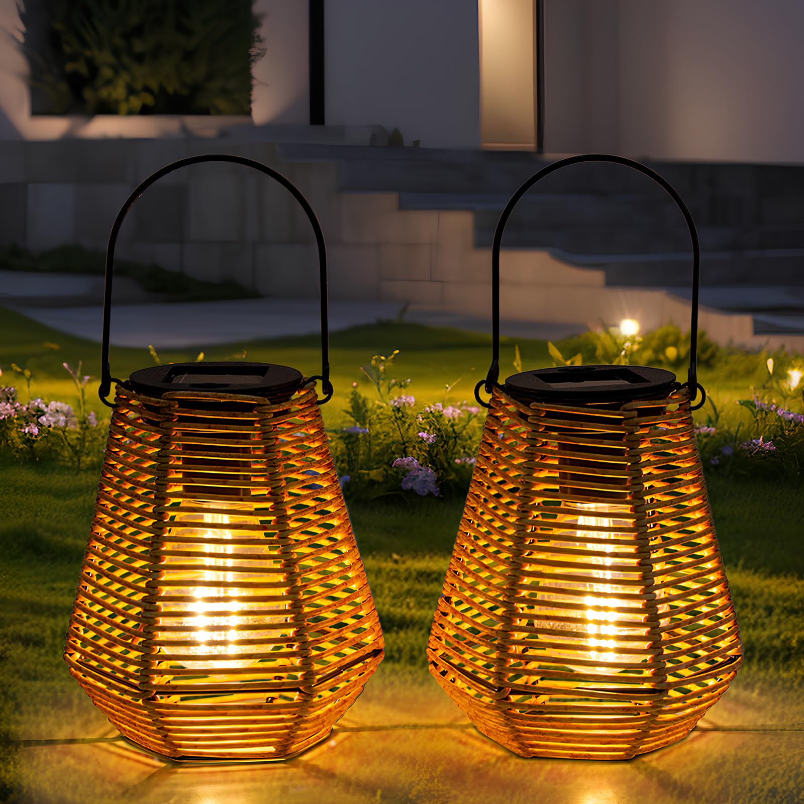 Faroles solares impermeables para exteriores, luces solares para colgar en exteriores, decoración de ratán para jardín, paquete de 2