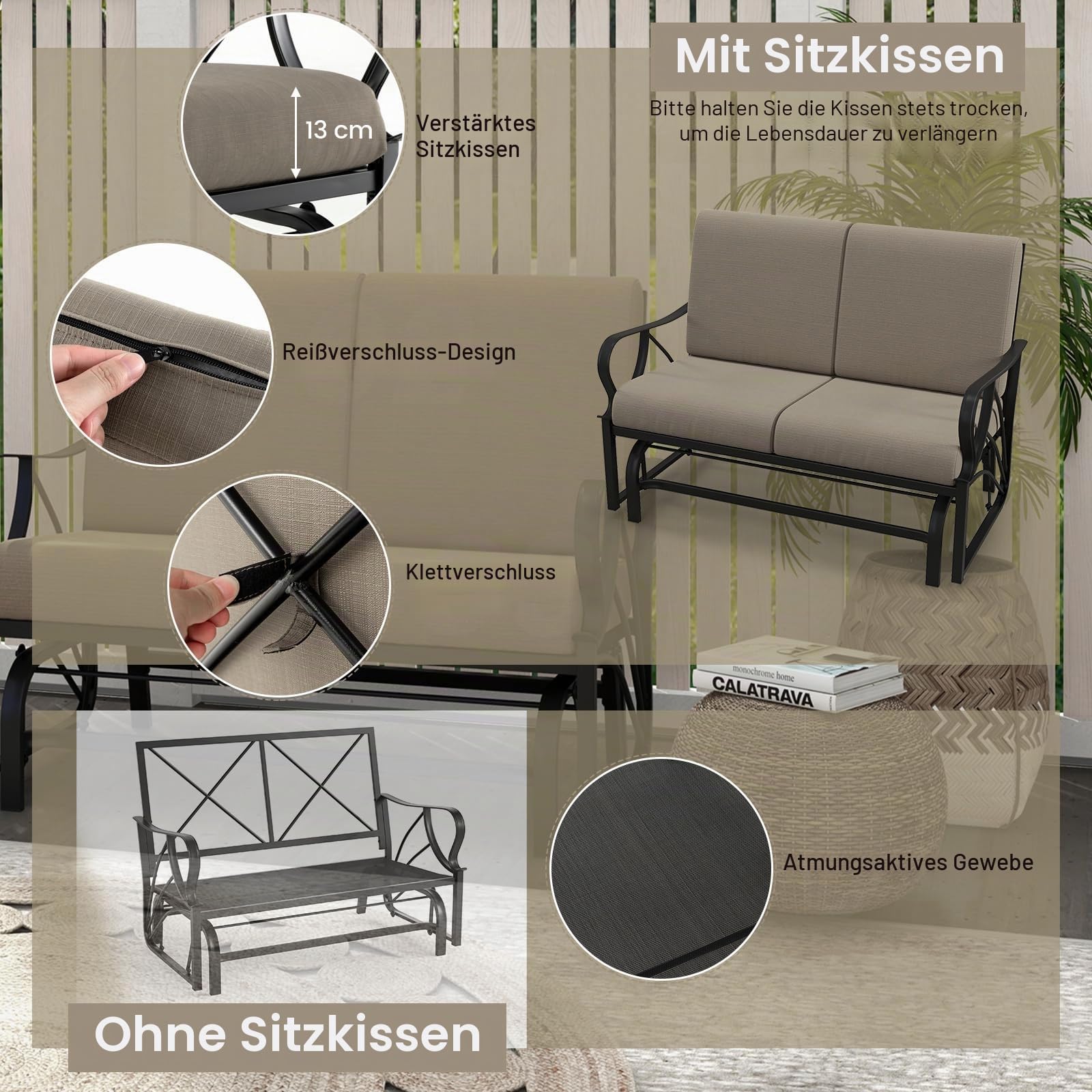 KOMFOTTEU 2-Sitzer Schaukelstuhl mit robuster Eisenrahmen, Doppelschaukelstuhl mit abnehmbarem weichem Kissen, Gartenbank mit hoher Rückenlehne & ergonomischen Armlehnen, Khaki