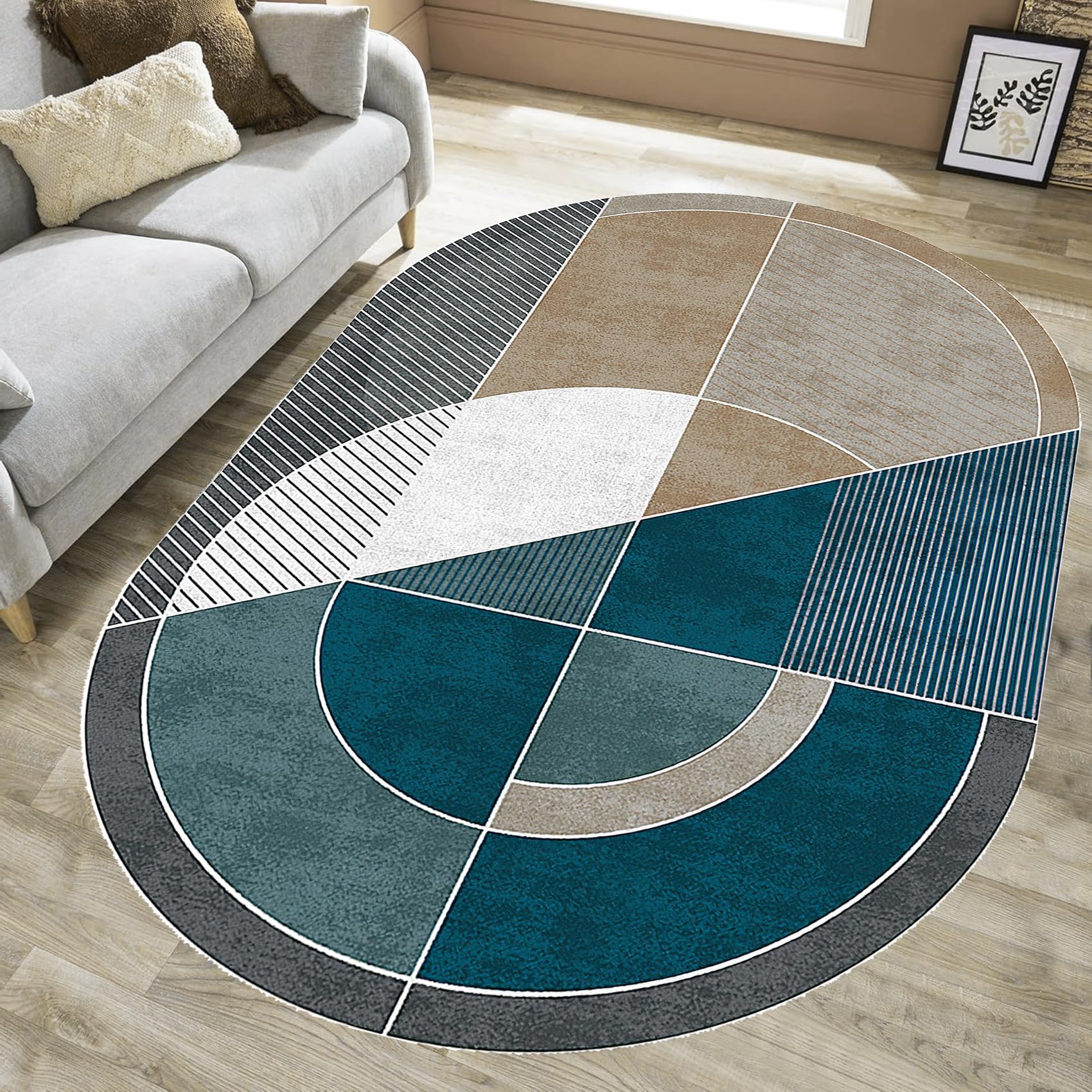 Alfombra grande antideslizante ovalada para decoración de dormitorio, lavable, pelo corto, diseño geométrico moderno, 150 x 200 cm