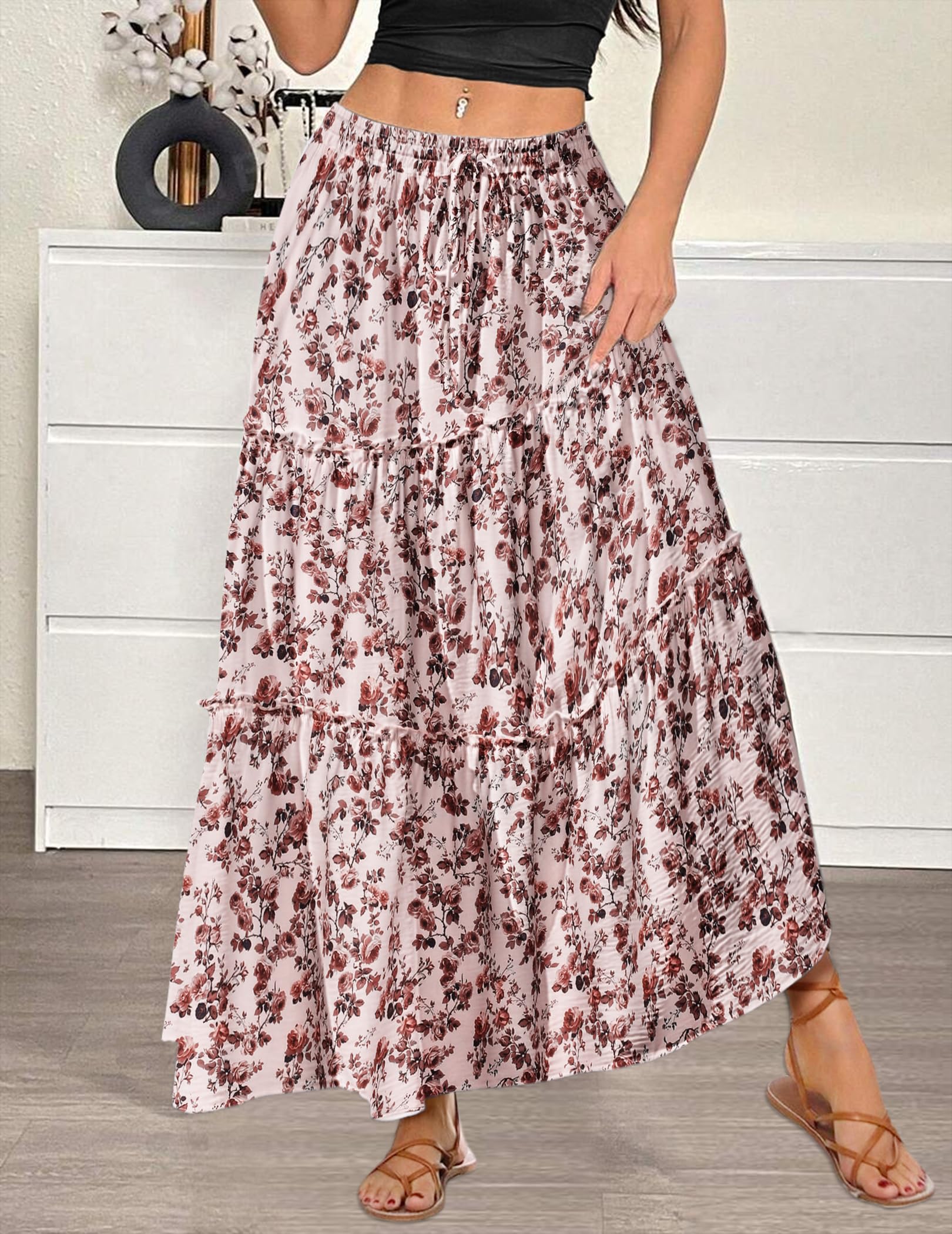 HOTOUCH Gonne da donna elegante maxi gonna elastica a vita alta gonna lunga con tasche casual estate una linea gonne per le donne UK Boho vacanza spiaggia gonna
