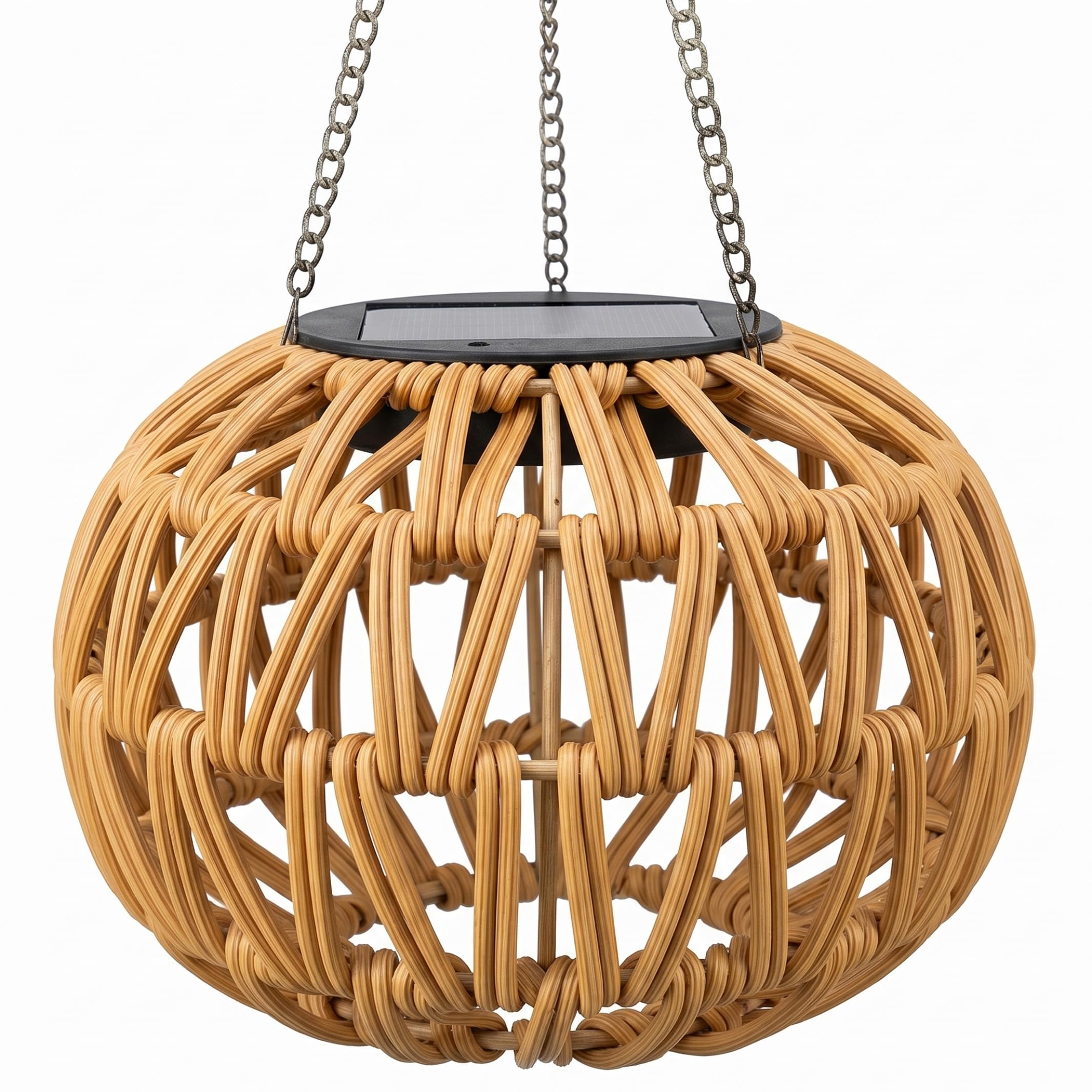 Rattan Lantern, Ball Shape Hanging Solar Lantern, Bamboo Pendant Light for Patio & Garden, Khaki, 6.30x6.30x4.72inch, Solar Chandelier Outdoor