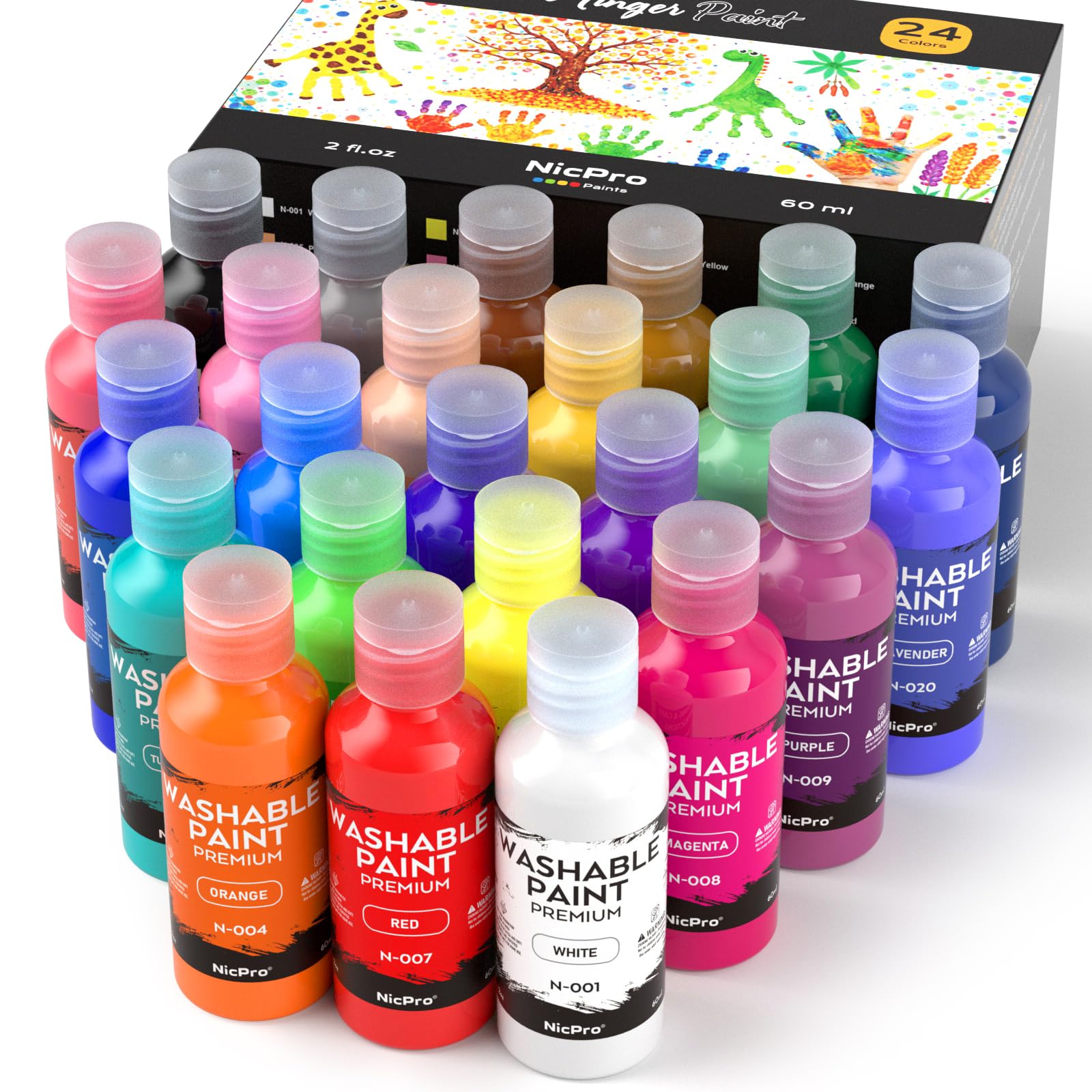 Nicpro 24 Colors Washable Finger Paint Set for kids(2 oz, 60 ml), Non-Toxic & Baby Safe Paint for Hand and Feet, Mess Free Finger Painting Art Supplies for Kids Age 3+, Preschool Learning Gifts