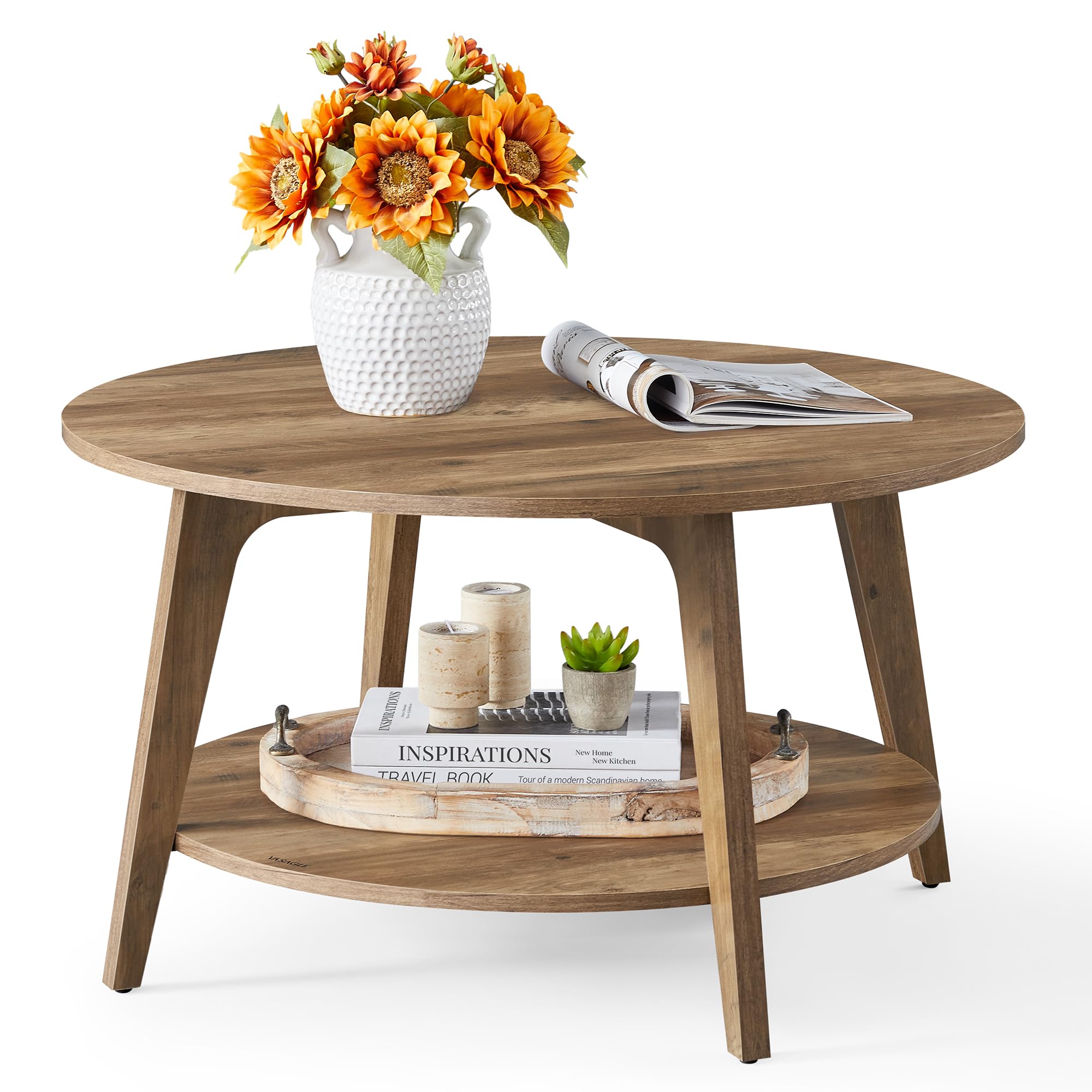 VASAGLE Couchtisch rund, Wohnzimmertisch 2 Ebenen, Kaffeetisch für Wohnzimmer, 80 cm d, 45 cm H, einfach zu montieren, honigbraun LCT243K41