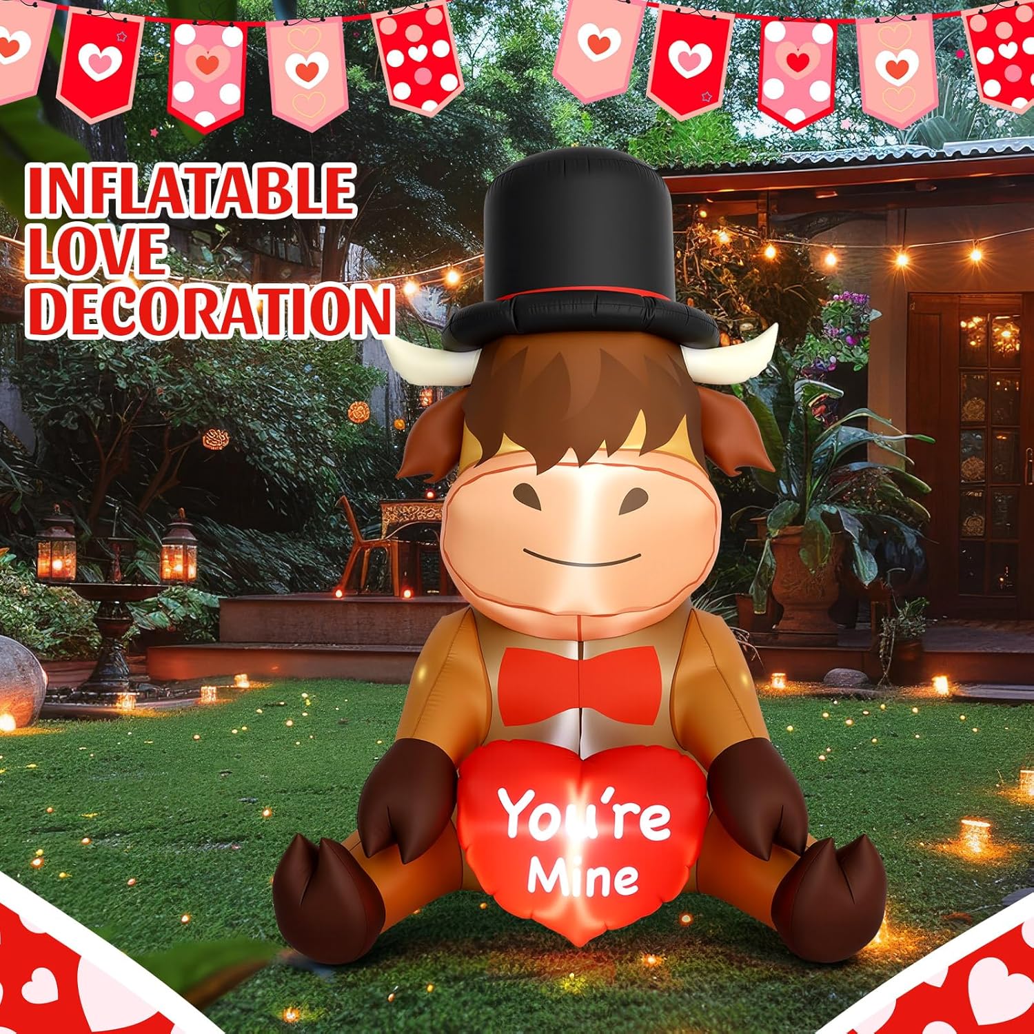5ft Valentine's Day Inflatables Highland Cow Outdoor Decoration Blow Up Sitting Cow with Heart Built in Lights Valentine's Yard Decor for Garden Lawn Indoor Wedding Party Supplies - Image 5