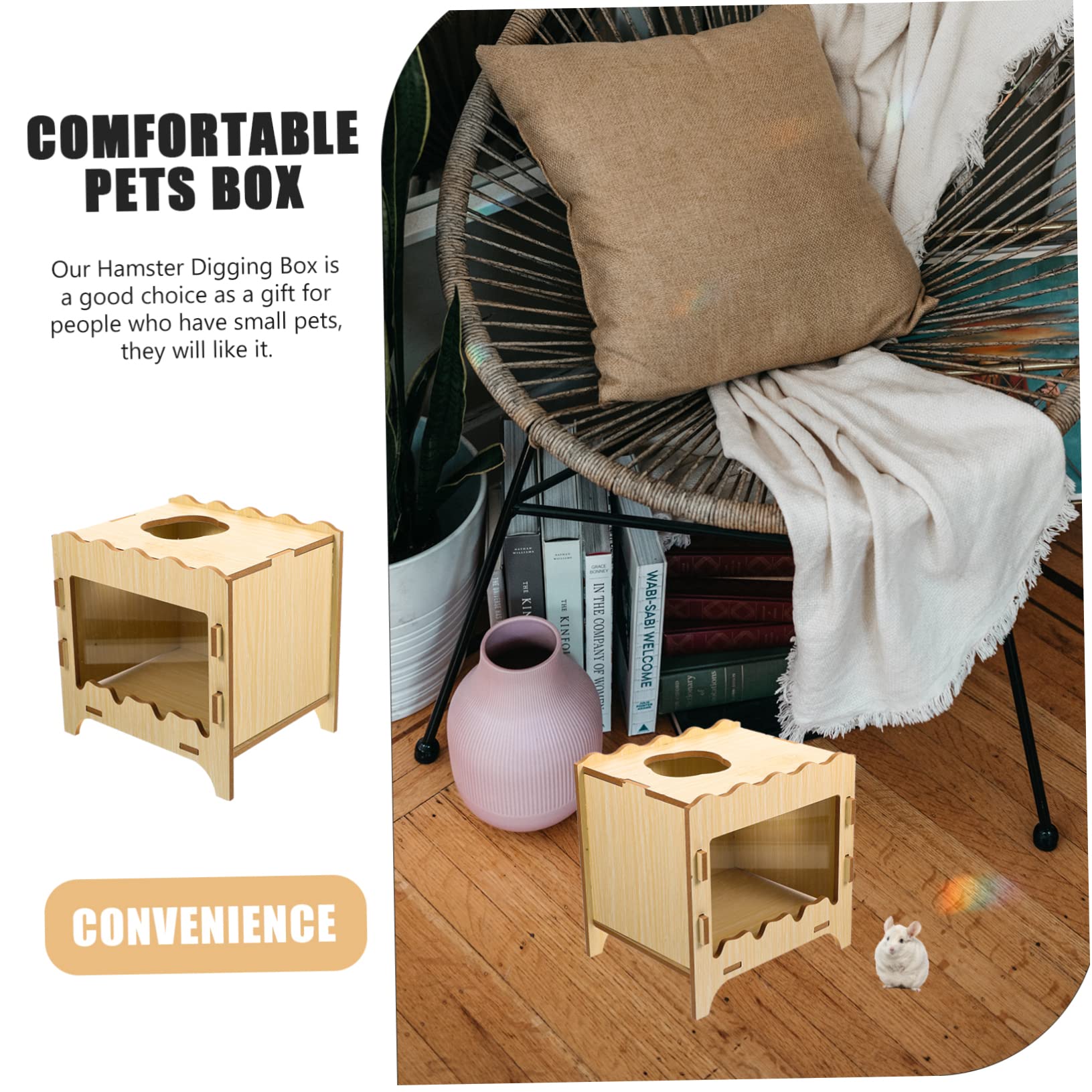 BESPORTBLE Maison pour Hamster en Bois, Boîte de Jeu Interactive et Nid Confortable pour Petits Animaux, Jouet de Cache Tuyau Hamster, Usage Intérieur et Extérieur