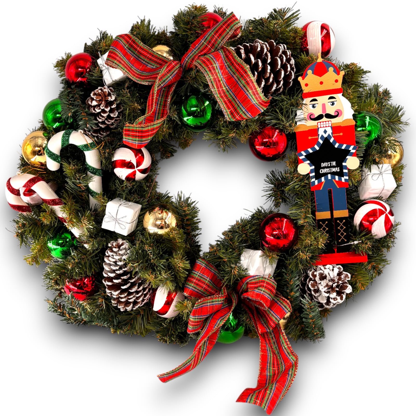 Ghirlanda Natalizia Decorata con Pigne, Candy Cane e Palline, Disponibile in Vari Design con Babbo Natale, Schiaccianoci – 3 Dimensioni: 40 cm, 60 cm, 80 cm (1, 60 Cm - Schiaccianoci)