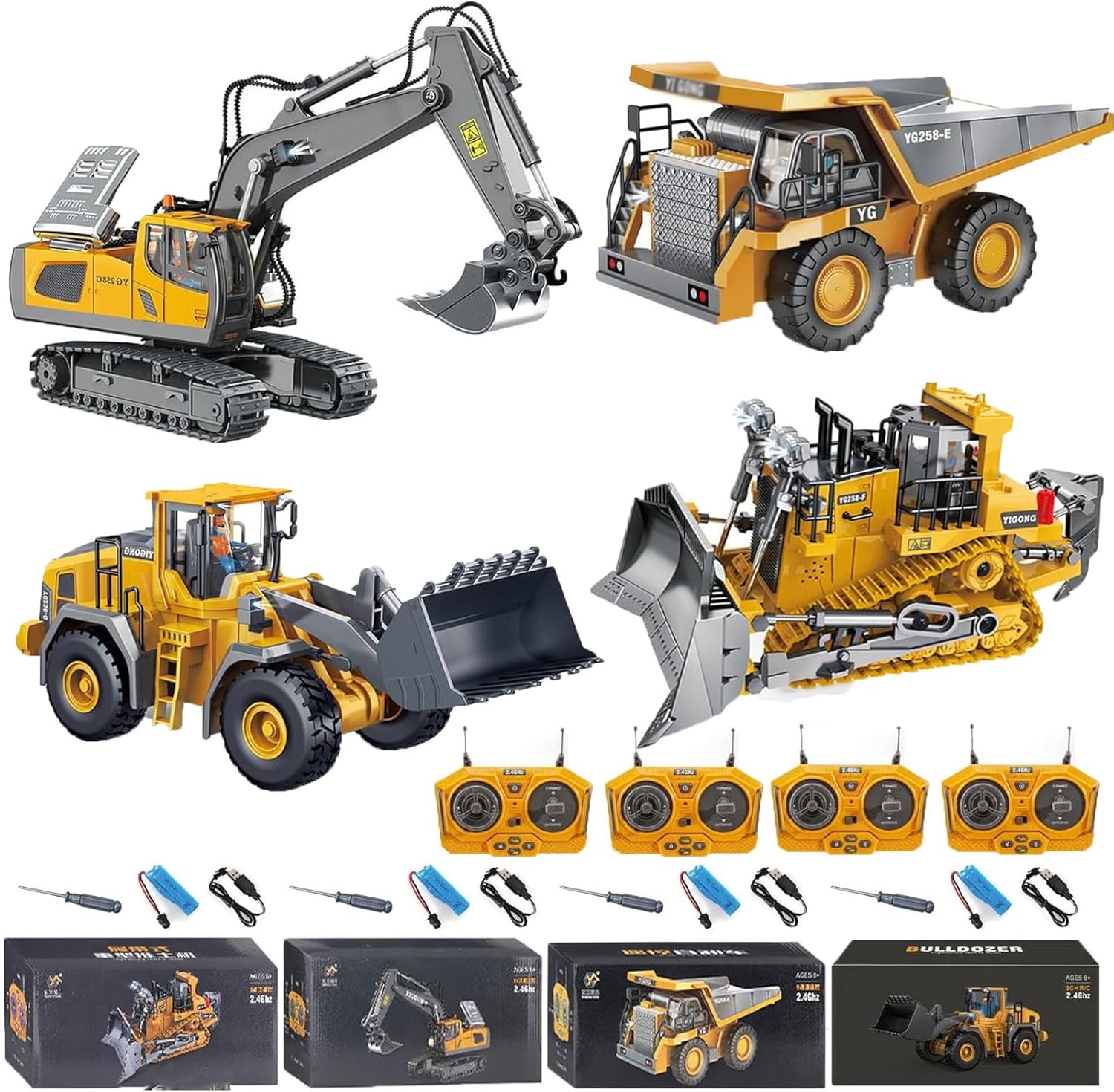 2026 Upgraded RC Construction Vehicles, Construction Rc Set of 4, 2.4GHz Heavy Remote Control Excavator for Adults, Excavator, Dump Truck, Bulldozer, Loader Equipment with 360 Rotation (4-piece set)
