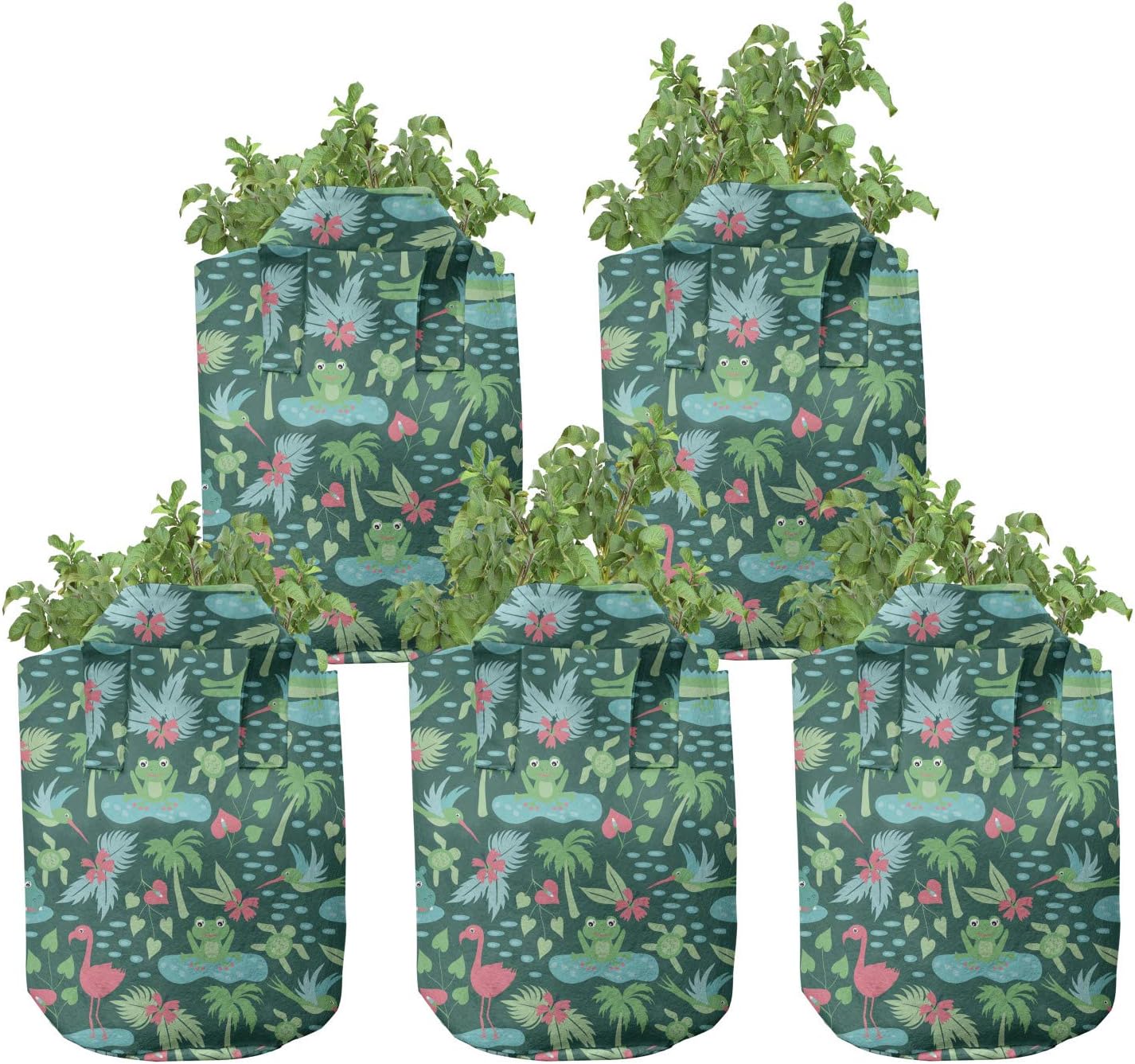 Lunarable Frogs Grow Bags 5-Pack, Tropical Jungle, Heavyduty Fabric Pots with Handles for Plants, Multicolor