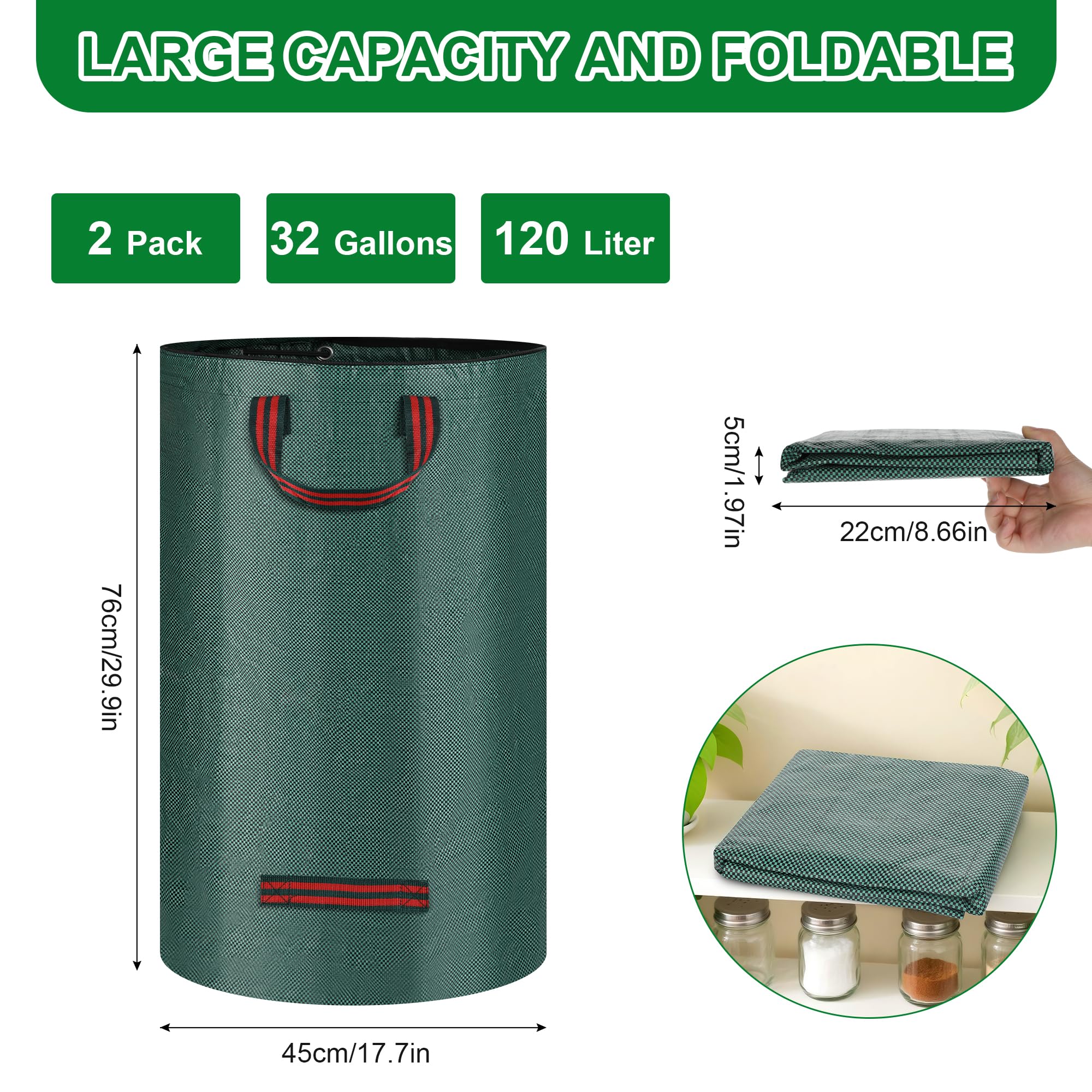 JAWELL Sacchi per Rifiuti da Giardino, 2 x 120L Sacchi da Giardinaggio con Coperchio, Sacchi per Raccogli Foglie da Giardino con Maniglie, Antistrappo, Idrorepellente, per Foglie, Rifiuti Verdi