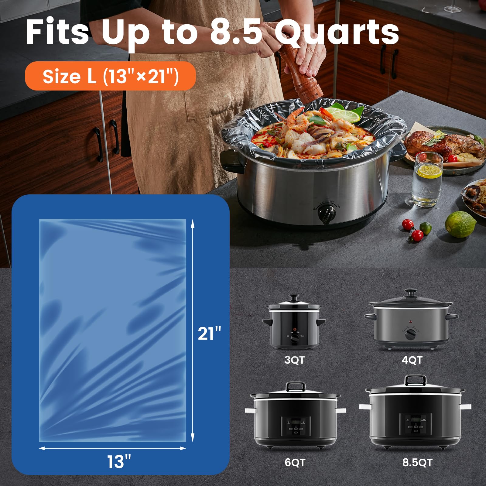 Bolsas de cocina de 13 x 21 pulgadas, 30 bolsas de cocina desechables de gran tamaño, se ajustan de 3 cuartos a 8.5 cuartos de galón para bandejas de cocción lenta, bolsas de plástico 2
