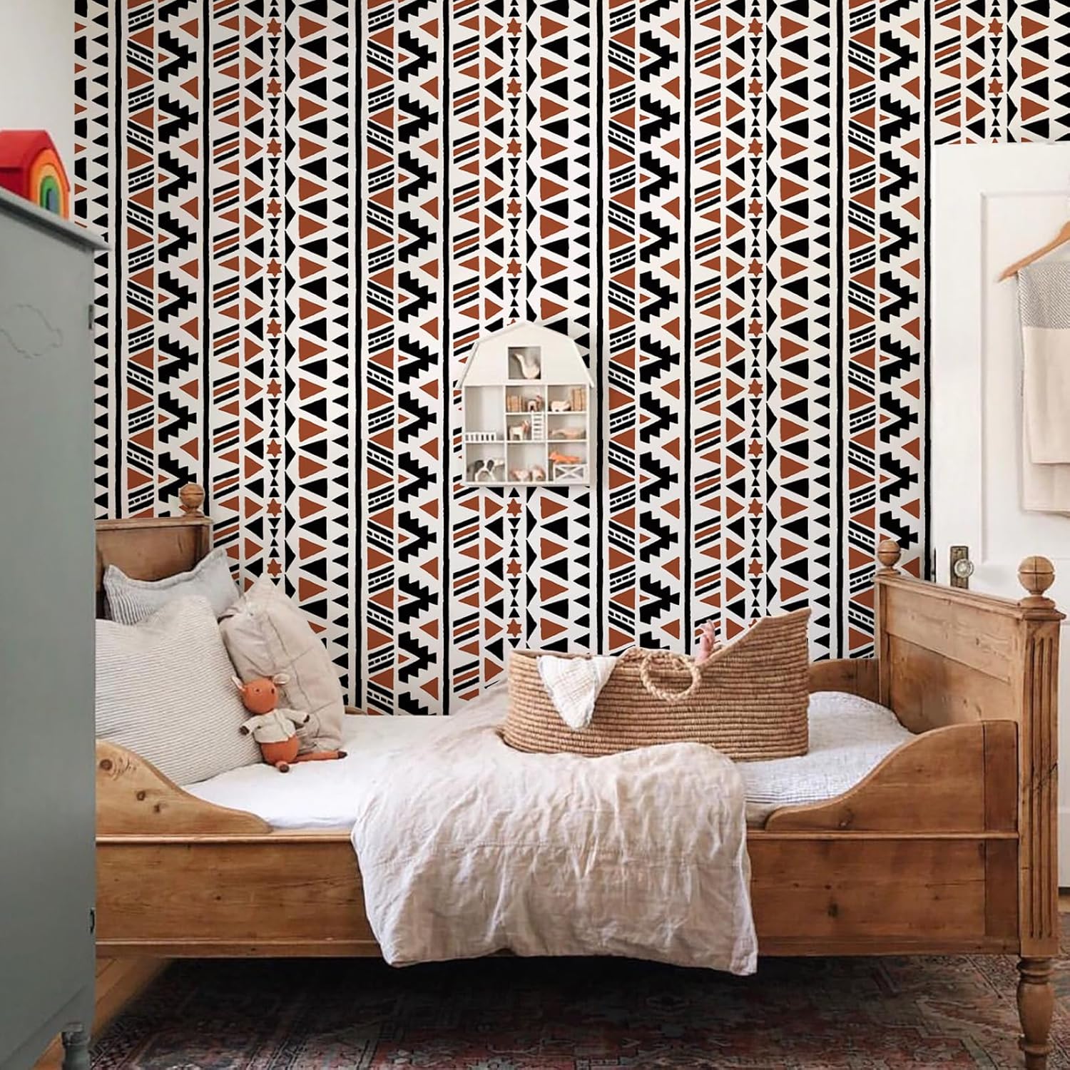 wishFIRE Black and Brown Geometric Boho Peel and Stick Wallpaper 17.3"×240" Tribal Style Contact Paper Removable Waterproof Self-Adhesive Vinyl Film Wallpaper for Bedroom Kitchen