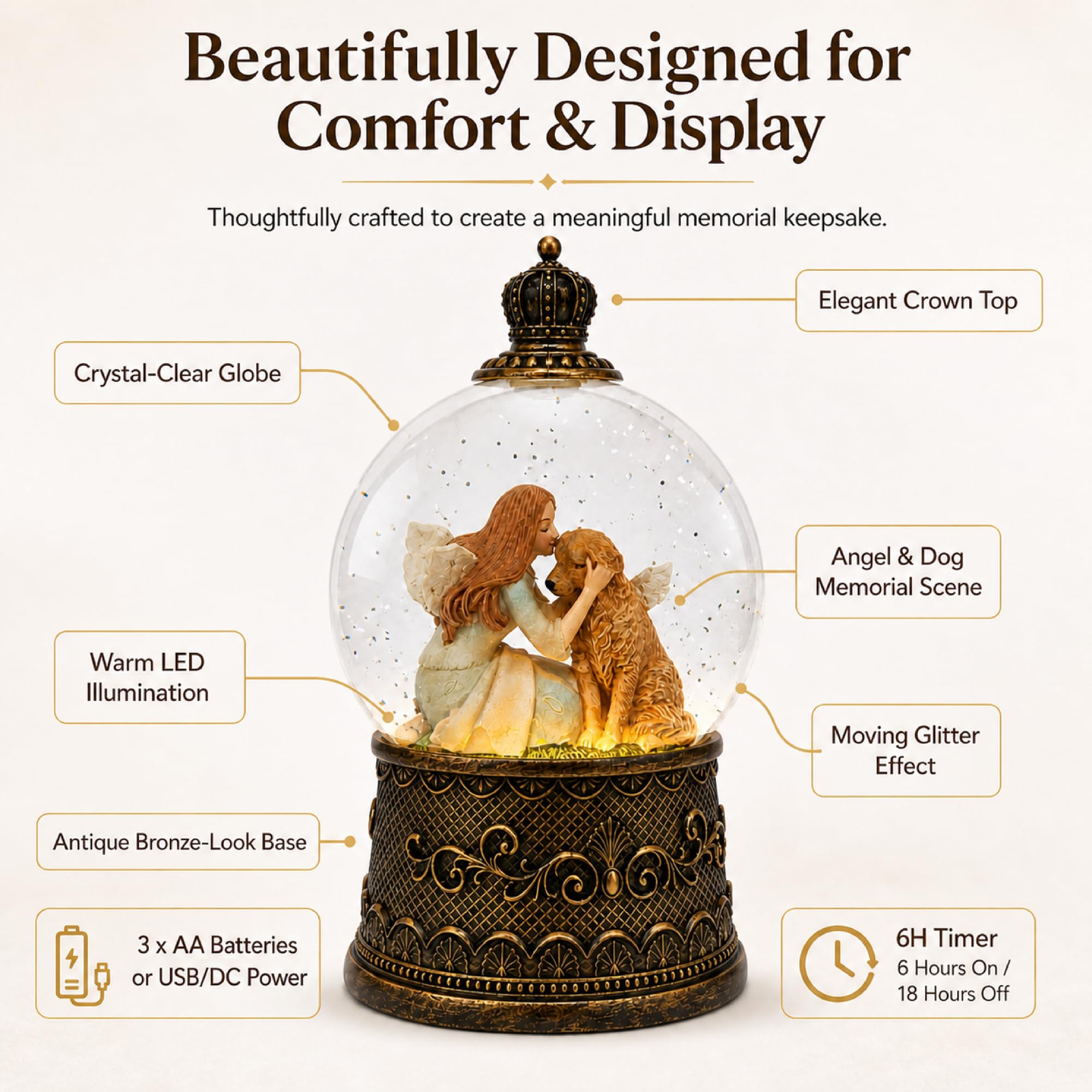 Boule à neige avec musique, boules à neige en forme de chien avec effets scintillants, alimentation USB/batterie avec minuterie de 6 heures, décorations de Noël (noir brossé doré)