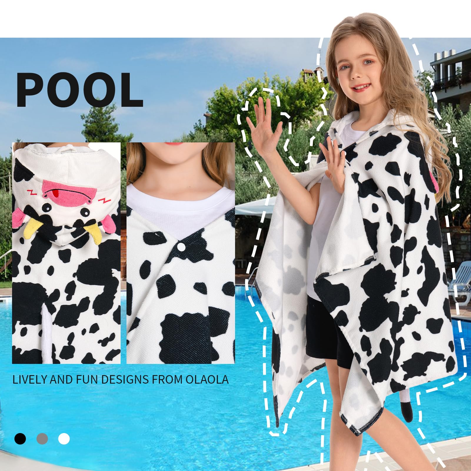 OLAOLA Toalla de Baño con Capucha para Niños, Toallas de Playa Microfibra Suave para Nadar Surfear, Poncho de Baño para Niños y Niñas de 3 a 12 Años (Vaca)