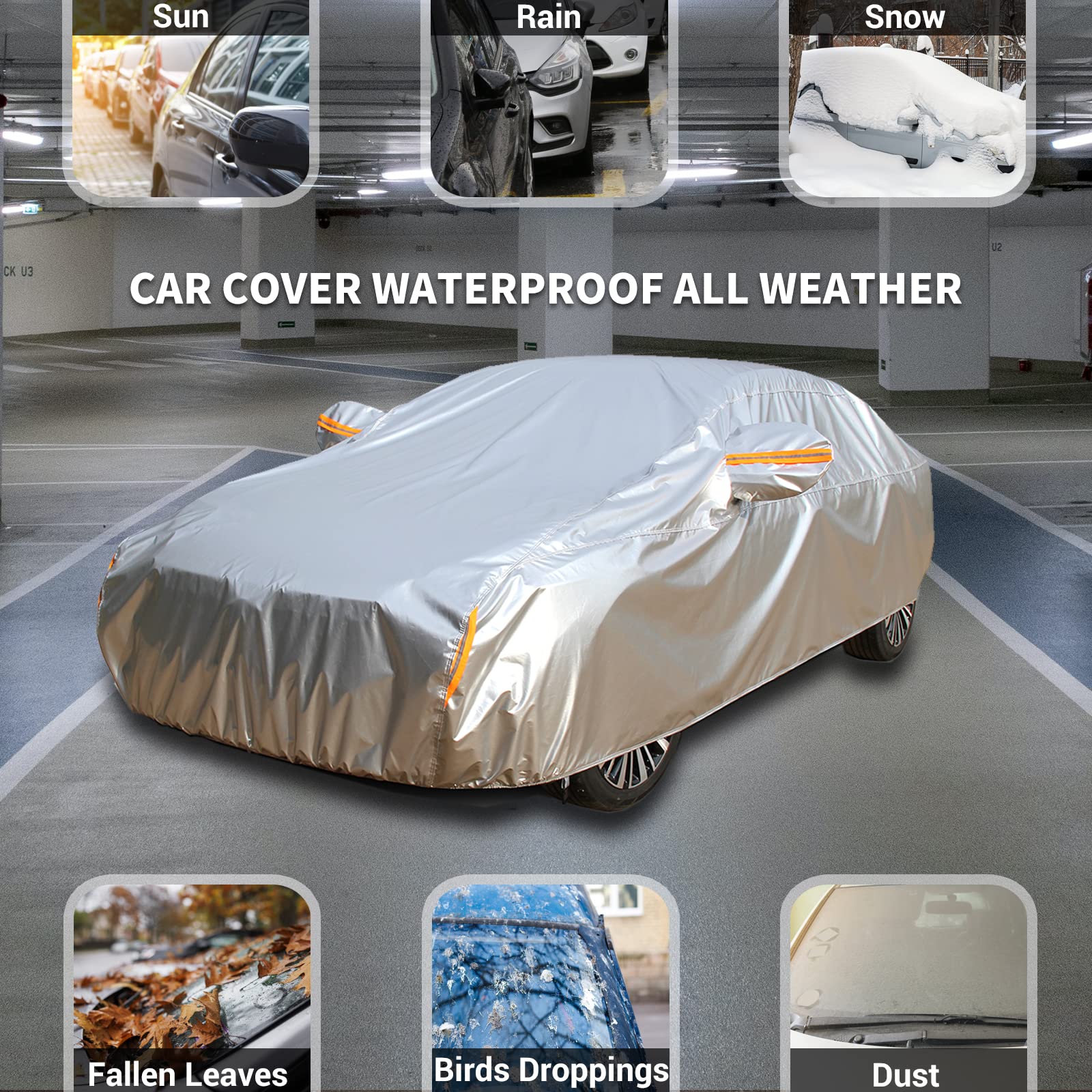Tecoom 600D Heavy Duty Multiple Layers Car Cover Waterproof All Weather Fit for Ford Crown Victoria Cadillac DTS — view 3