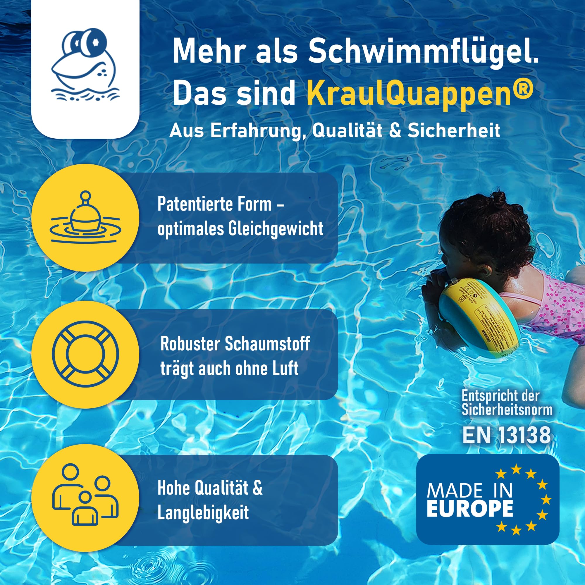 Cherek’s KraulQuappen Schwimmflügel für Anfänger - Schwimmhilfe für Säuglinge & Kleinkinder ab 7 Monat bis 30 kg Gelb-Grün