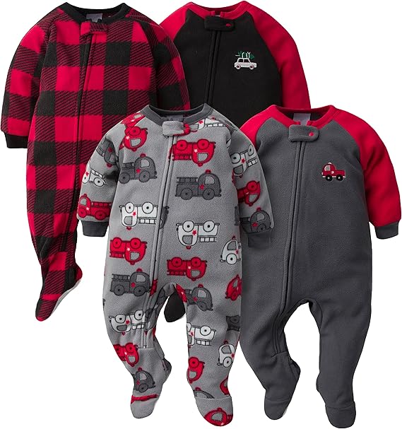 Gerber Baby Boys Toddler Loose Fit Flame Resistant Fleece Footed Pajamas 4-Pack