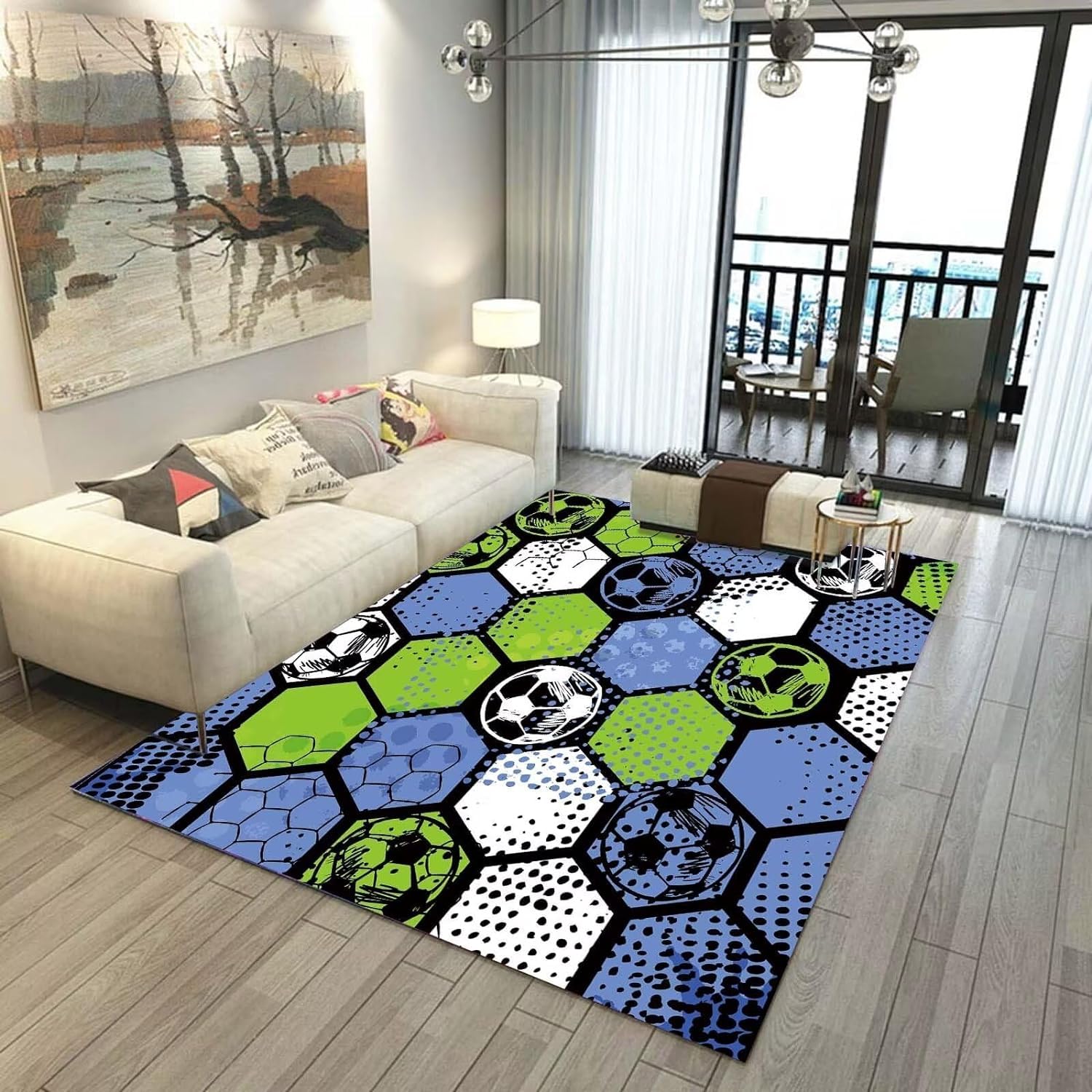Xisnuient Football Rugs Boys Bedroom Living Room Rug Large 3D Graffiti Football Pattern Rug Blue Green Football Carpet Kids Teens Gaming Mat Washable Nursery Rug Runner Doormat (Green,120x180cm)