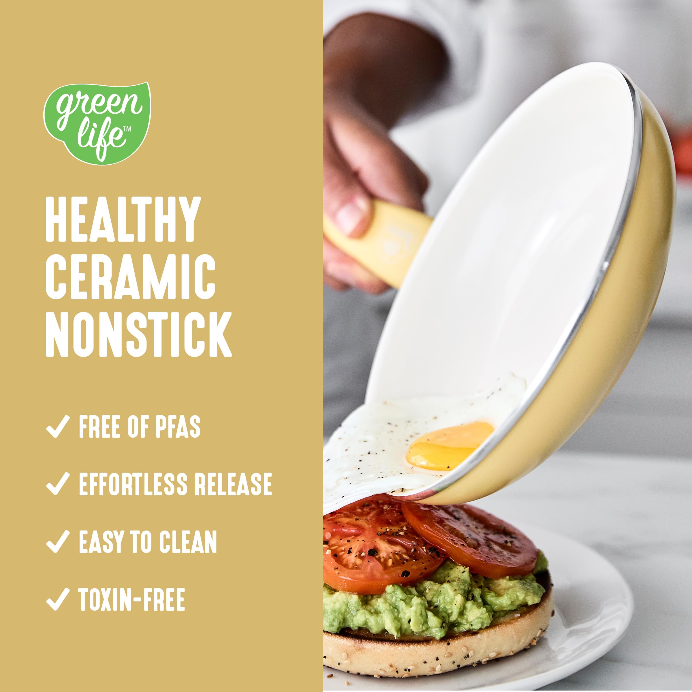 GreenLife 16 Piece Nonstick Cookware Set, Soft Grip Non-Toxic PFAS-Free Ceramic Pots & Pans, Dishwasher & Oven Safe, Frying, Sauce, Saute, Utensils, Glass Lids, Stay-Cool Handles, Wobble Free, Yellow: 16 Piece Cookware Set Yellow