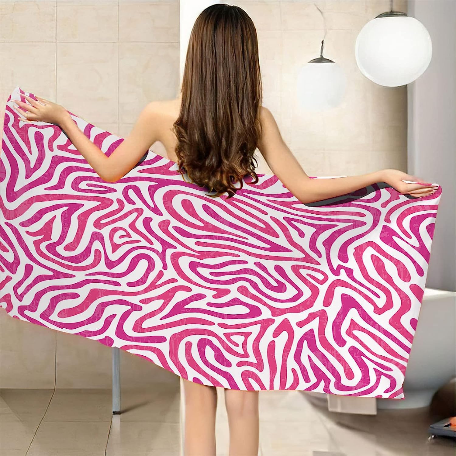 Serviette de Plage 200x200 Femme Homme Enfant, Drap de Plage XXL Serviette Plage Anti Sable à Séchage Rapide Grande Serviette Plage Rayures Roses, pour Bain, Piscine, Camping Fille A41