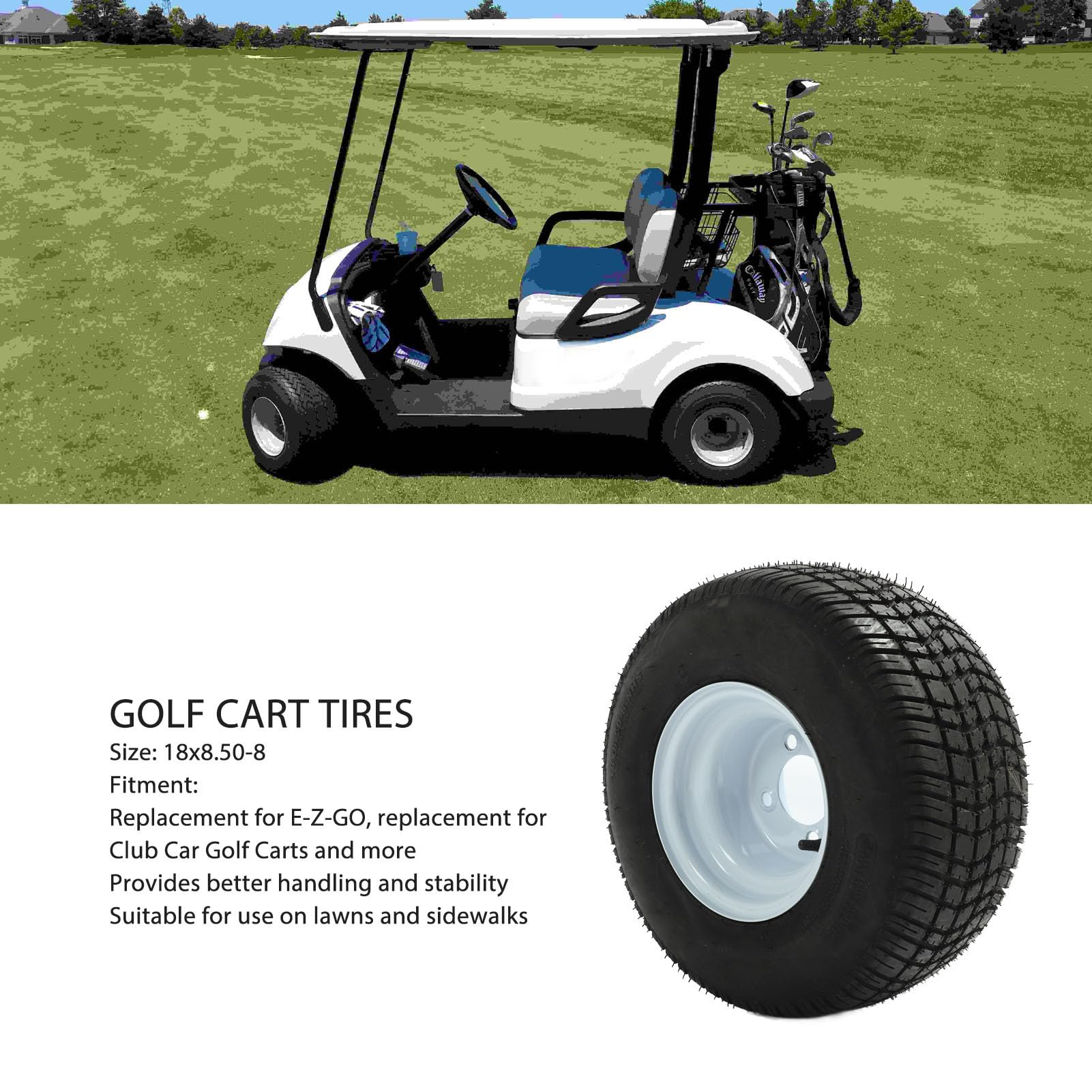 Bnineteenteam Cart-Reifen- und Rad-Kombination, 18 X 8,50-8 Cart-Reifen, Gummi, Besseres Handling, Cart-Reifen- und Rad-Baugruppe, Ersatz für E Z GO Carts