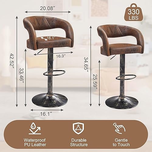 Miniatura 3 de VECELO Juego de 2 taburetes de bar ajustables giratorios modernos de piel sintética, taburetes de barra con respaldo y brazos, para cocina, bar