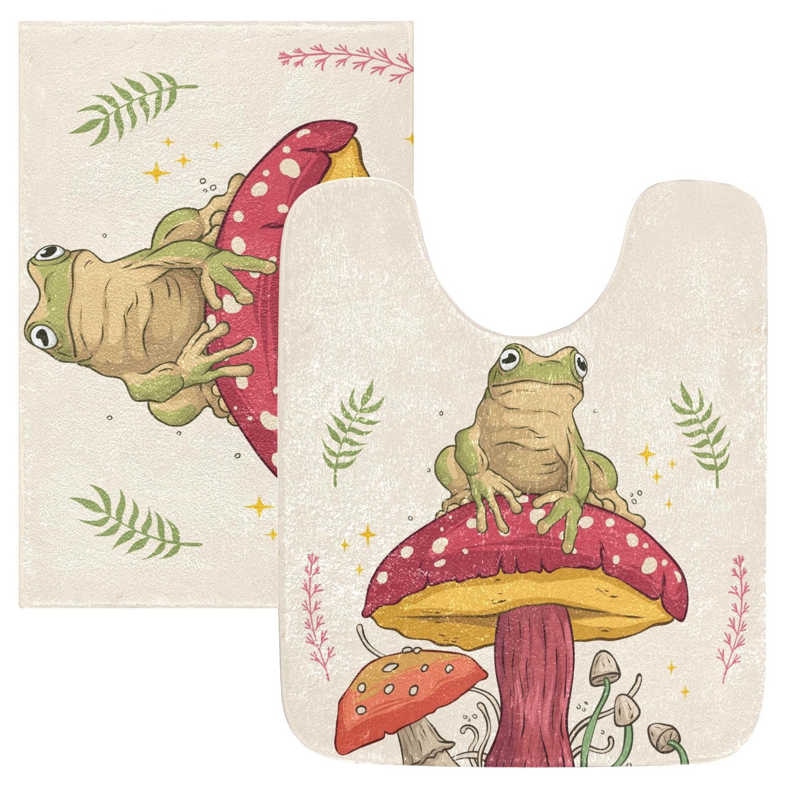 ALAZA Frog and Mushroom Bath Mat for Bathroom Shower U Shape Toilet Rugs Contour Carpet Set, Fluffy Absorbent & Machine Washable, 2 Piece