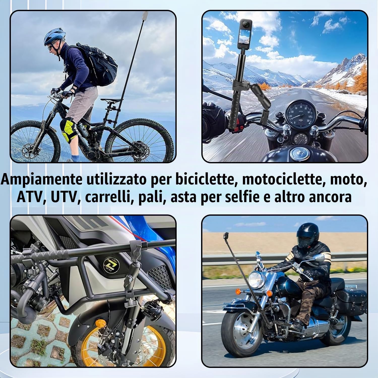 Supporto per fotocamera da moto, Supporto Morsetto per Fotocamera con bastone per selfie da 120 cm, Motociclo per Fotocamera Action Camera Manubrio, supporto per manubrio bicicletta Insta360 X4 X3 X2
