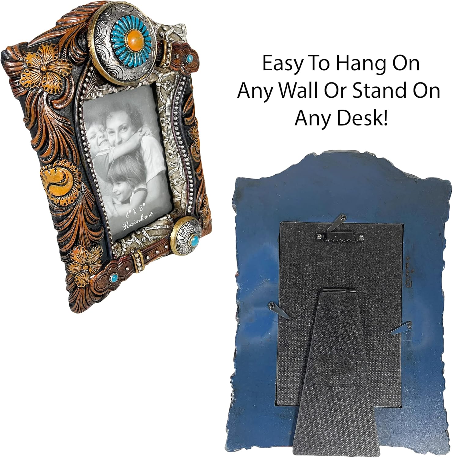 Urbalabs Cowboy Teal Stone Belt Buckle Country Western Decor Picture Frame 4 x 6 Country Gifts Farmhouse Picture Frames Photo Frame Wall Hanging or Standing 4x6 Elaborate Picture Box (Western Large