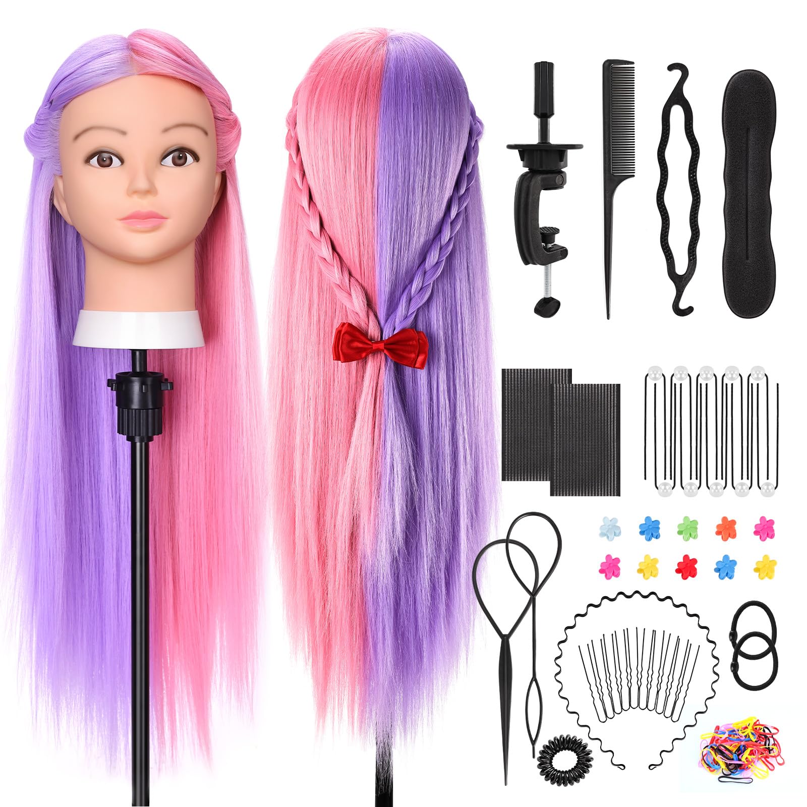 Cabeza de Peluqueria, Yofuly 26inch Cabeza Maniquí, 80% Cabello Humano, Cabeza Práctica Modelo Maniqui de Cosmetología con Abrazadera de Mesa y Juego de Trenzas de Cabello DIY Maniquí (castaño claro) — view 16