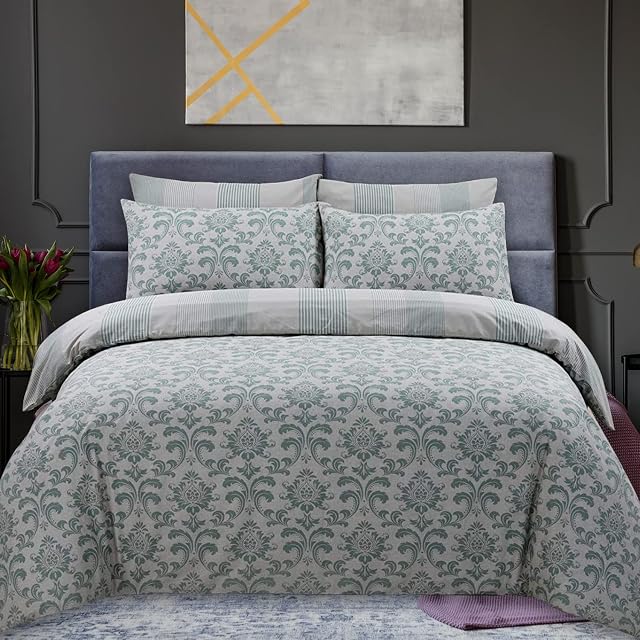 DTEX HOMES 100% Cotton Luxury Printed Reversible Duvet Quilt Cover Sets Ultra Soft Anti Allergic - Istanbul Green - Super King