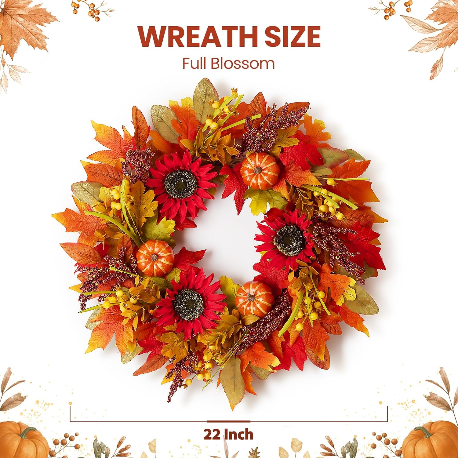 Fall Wreath for Front Door, Autumn Thanksgiving Sunflower Wreath Fall Decor