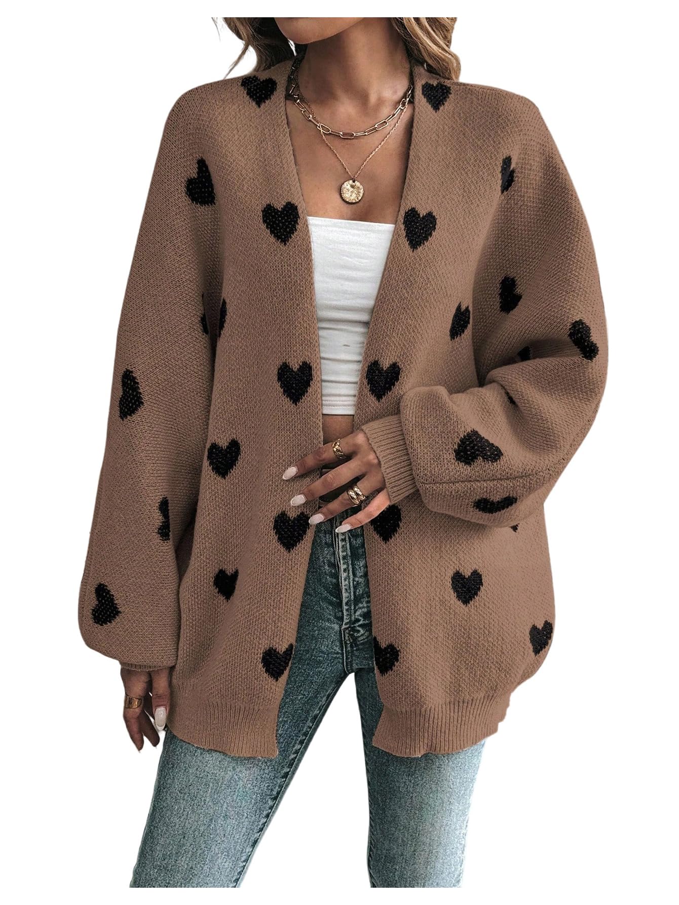 Womens Open Front Heart Print Cardigan Sweater Shawl Collar Long Sleeve Drop Shoulder Sweaters Knit Tops