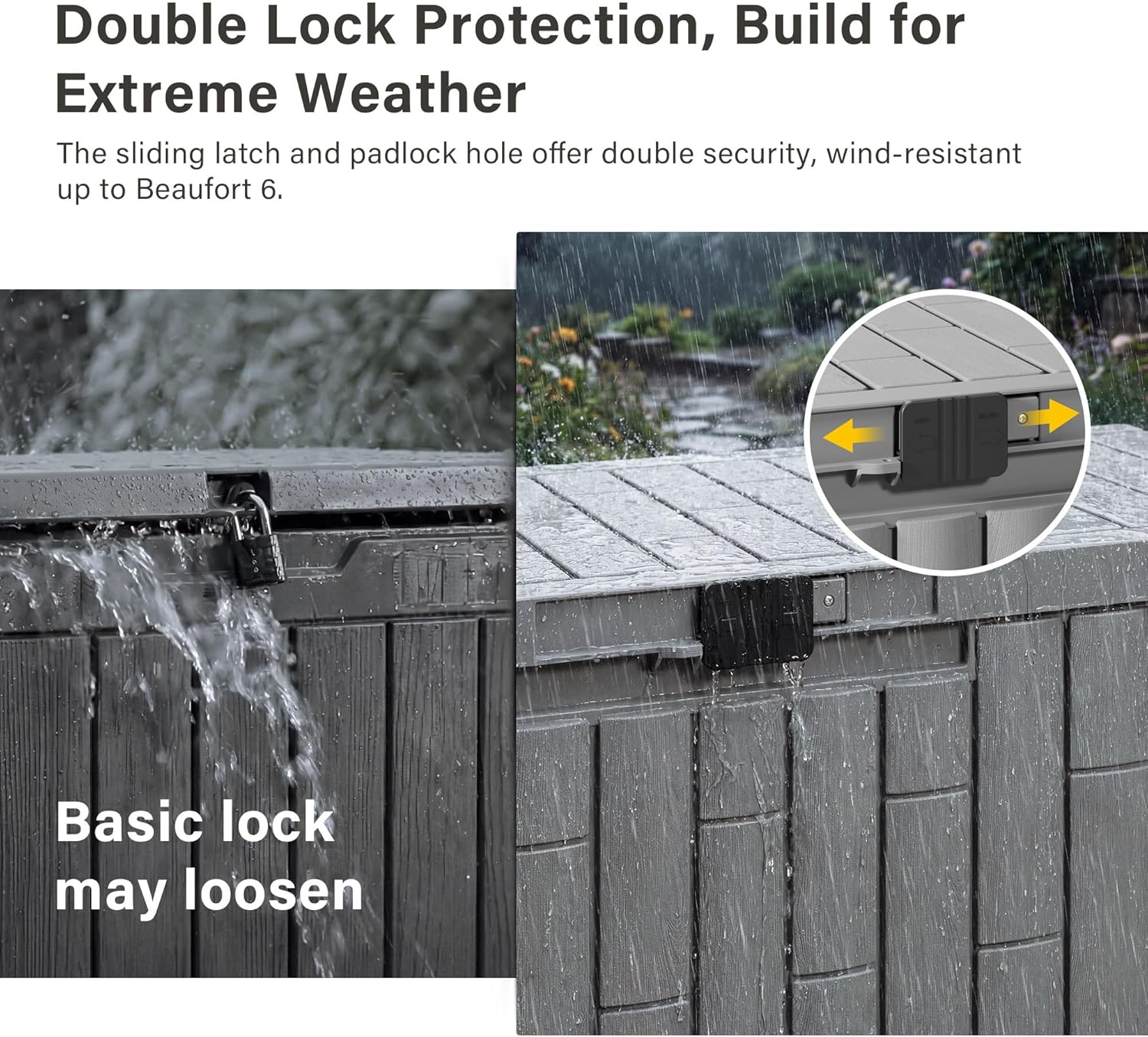 east oak outdoor storage box, 60 gallon deck box indoor and outdoor use, waterproof resin storage bin for patio cushions, gardening tools, lockable, uv resistant, grey grey 60 gallon