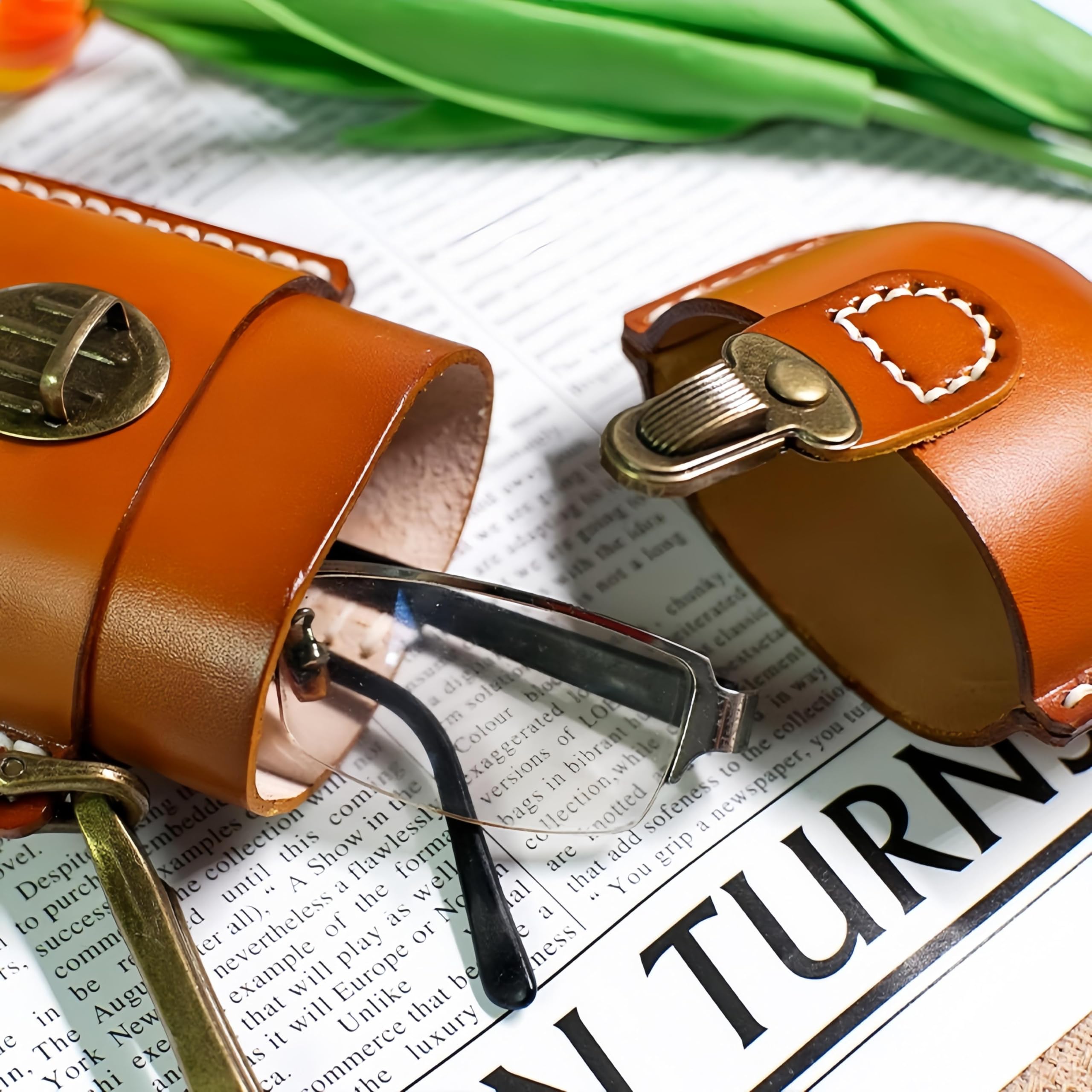 Étui de protection en cuir pleine fleur rétro (lunettes de soleil, lunettes de vue, lunettes de lecture), pochette de rangement pour lunettes portable,Marron