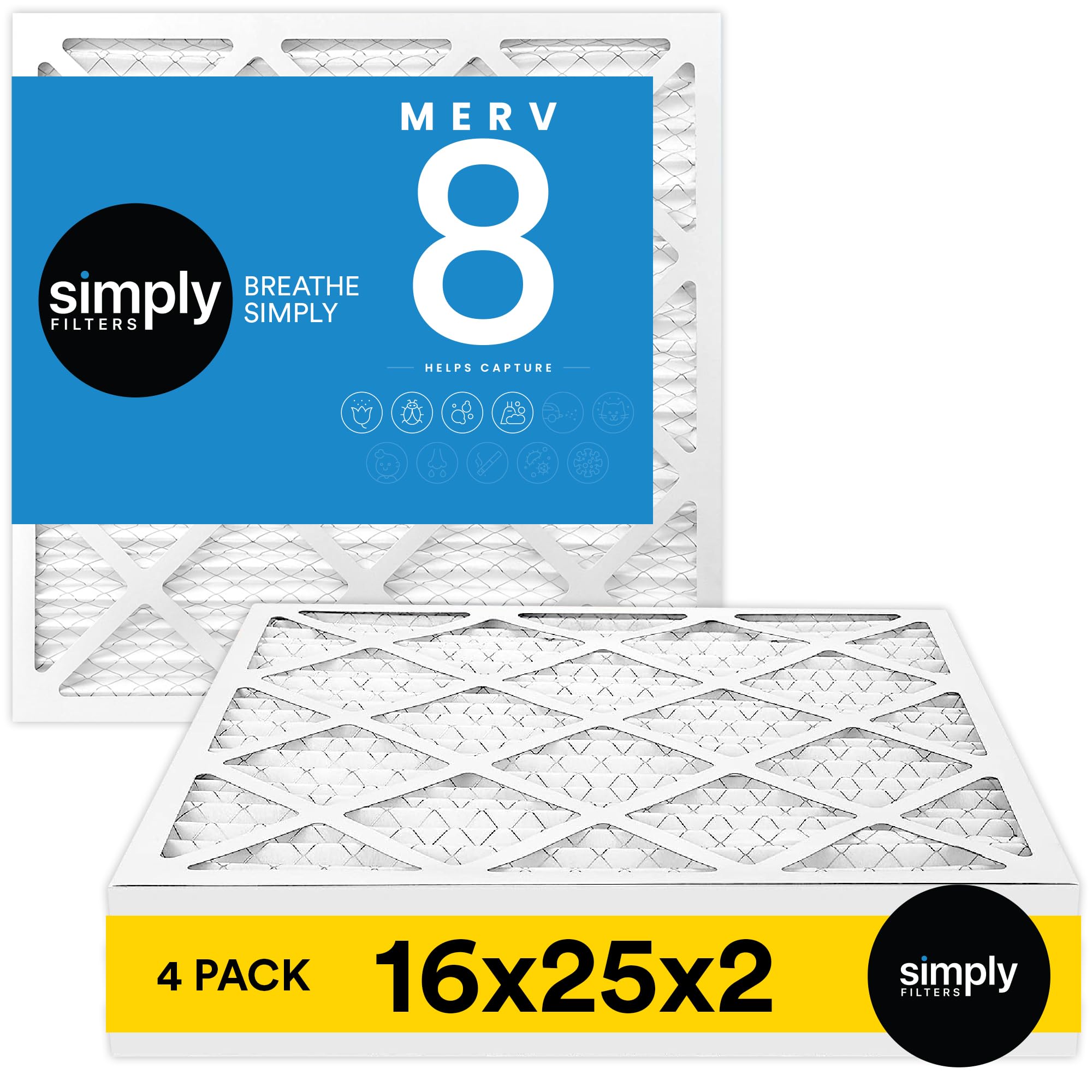 Simply 16x25x2 Air Filter, MERV 8, 4 Pack, Furnace Air Filter for HVAC (Actual Size:15.5"x24.5"x1.75") DUST, Pet, & Allergy Control