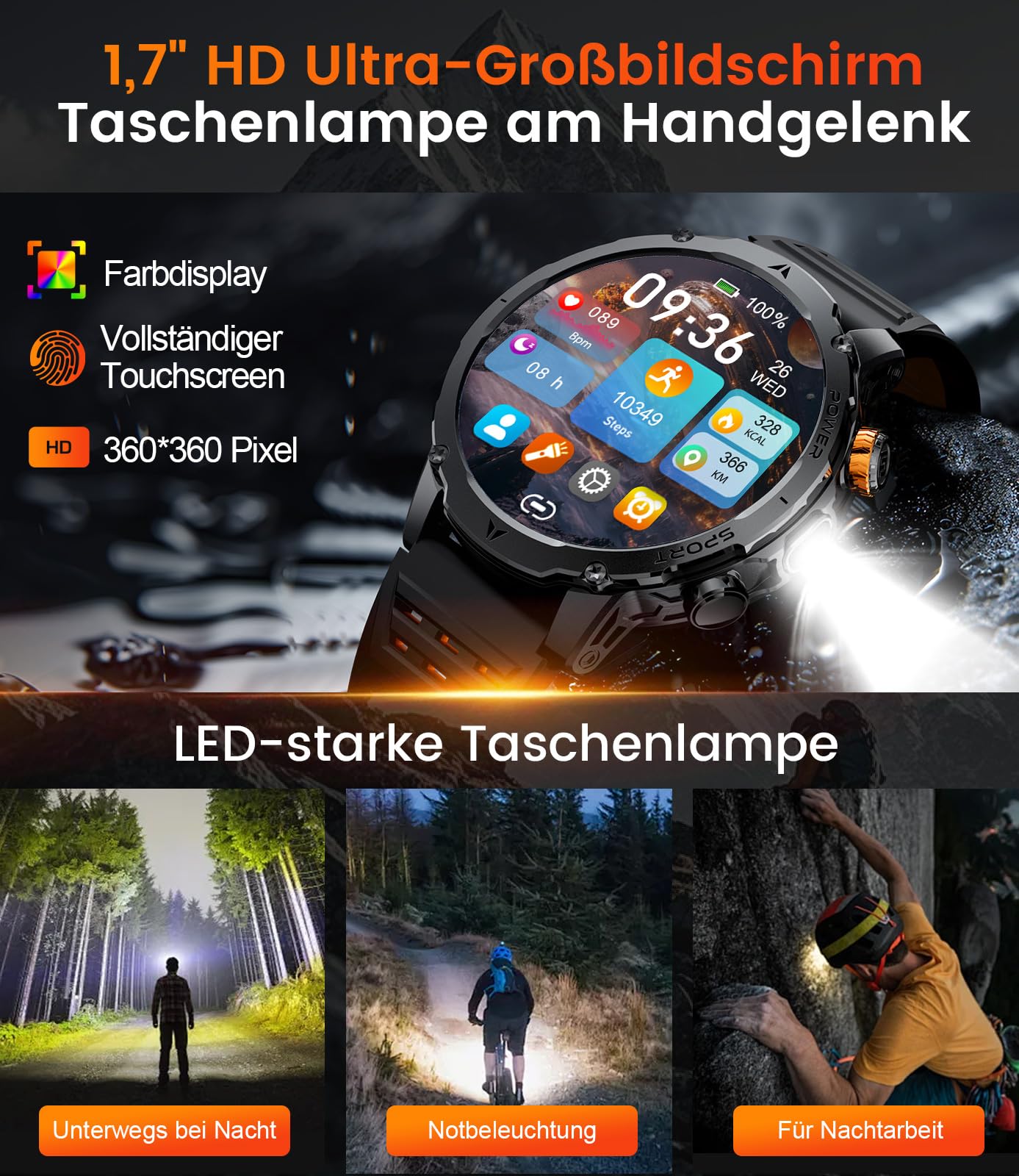 Smartwatch da uomo con batteria da 1000 mAh, con grande display HD da 1,7", con torcia, chiamate Bluetooth, oltre 120 modalità sportive, impermeabile IP68, orologio fitness con monitoraggio della