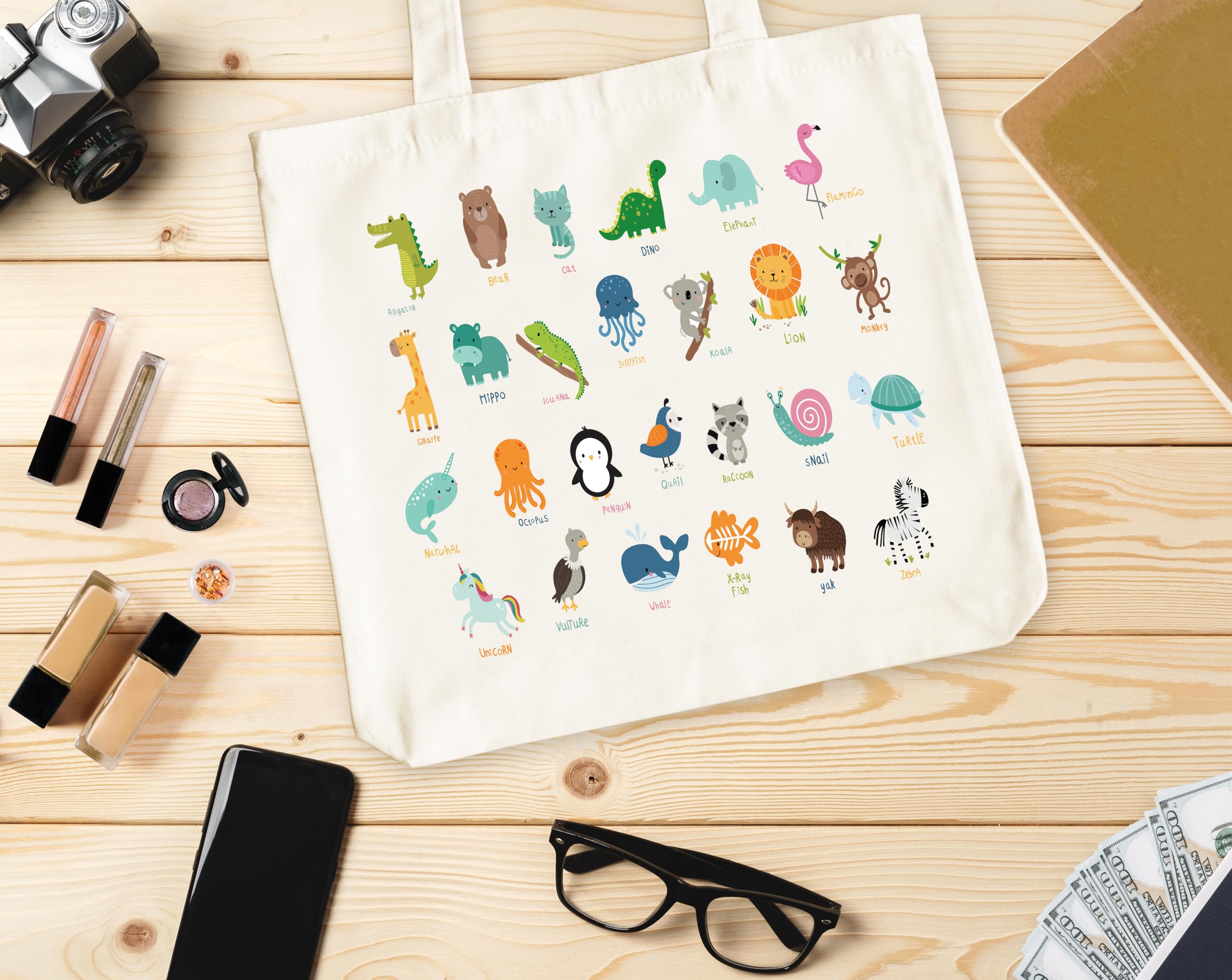 Animals Alphabets Canvas Tote Bag for Women, ABC Letters Learning Tote, Cute Animal Gift Bag, Library Book Bag, Teacher Tote Bags for Books, Shoulder Bag Gifts for Animal Lovers -11 - Image 4