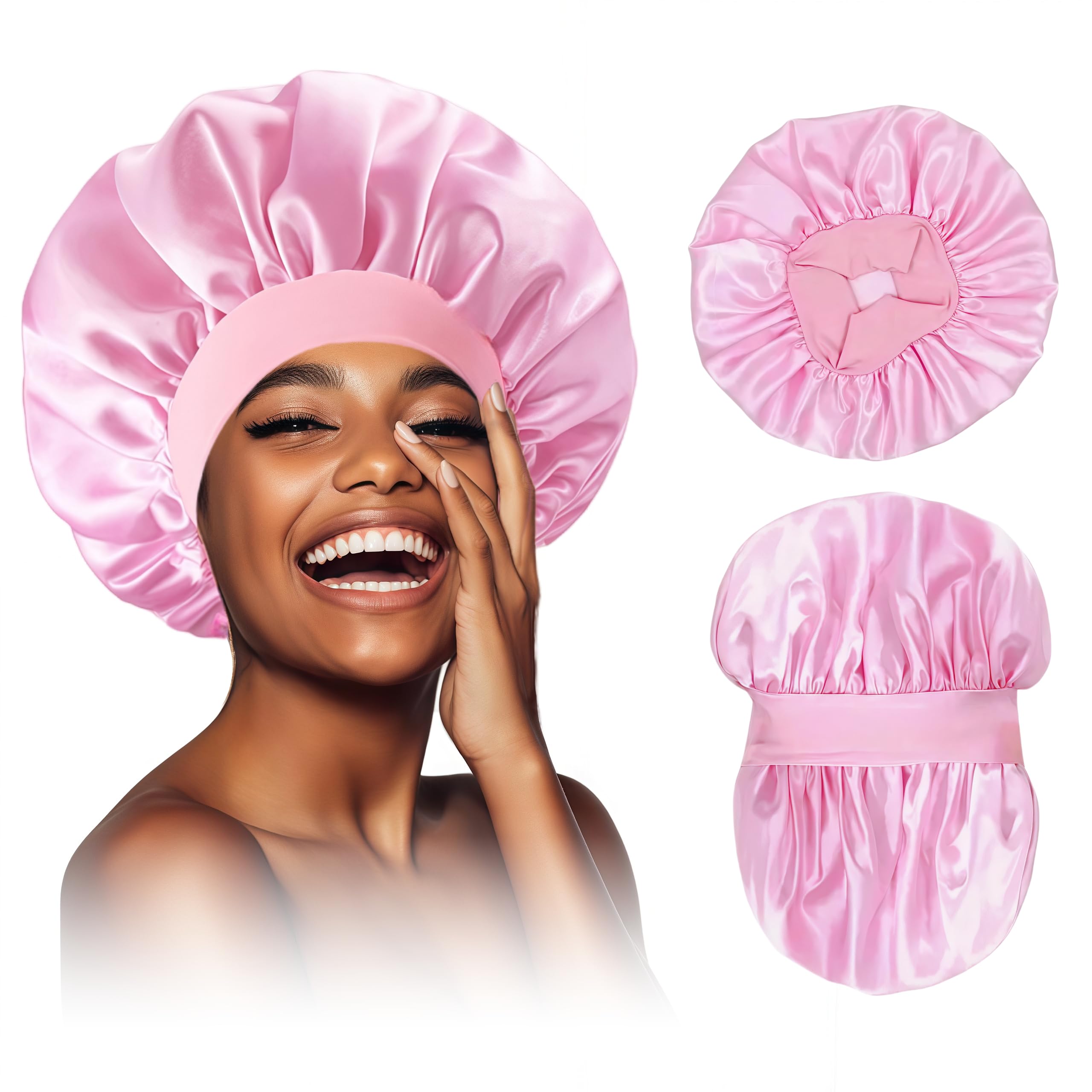 Veciir Women's Pink Silk Bonnet For Sleeping Ajustable Hair Bonnet For Curly Hair With Tie Band Light-Lightpink，Medium, Light-Light, M
