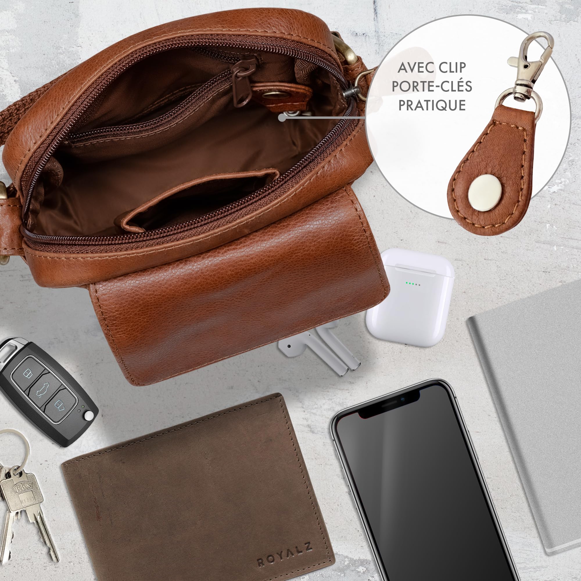 ROYALZ 'Austin' Sac d'épaule Petit pour Hommes en Cuir Véritable - Petite Sacoche Homme Bandouliere Cuir Vintage Messager Besace