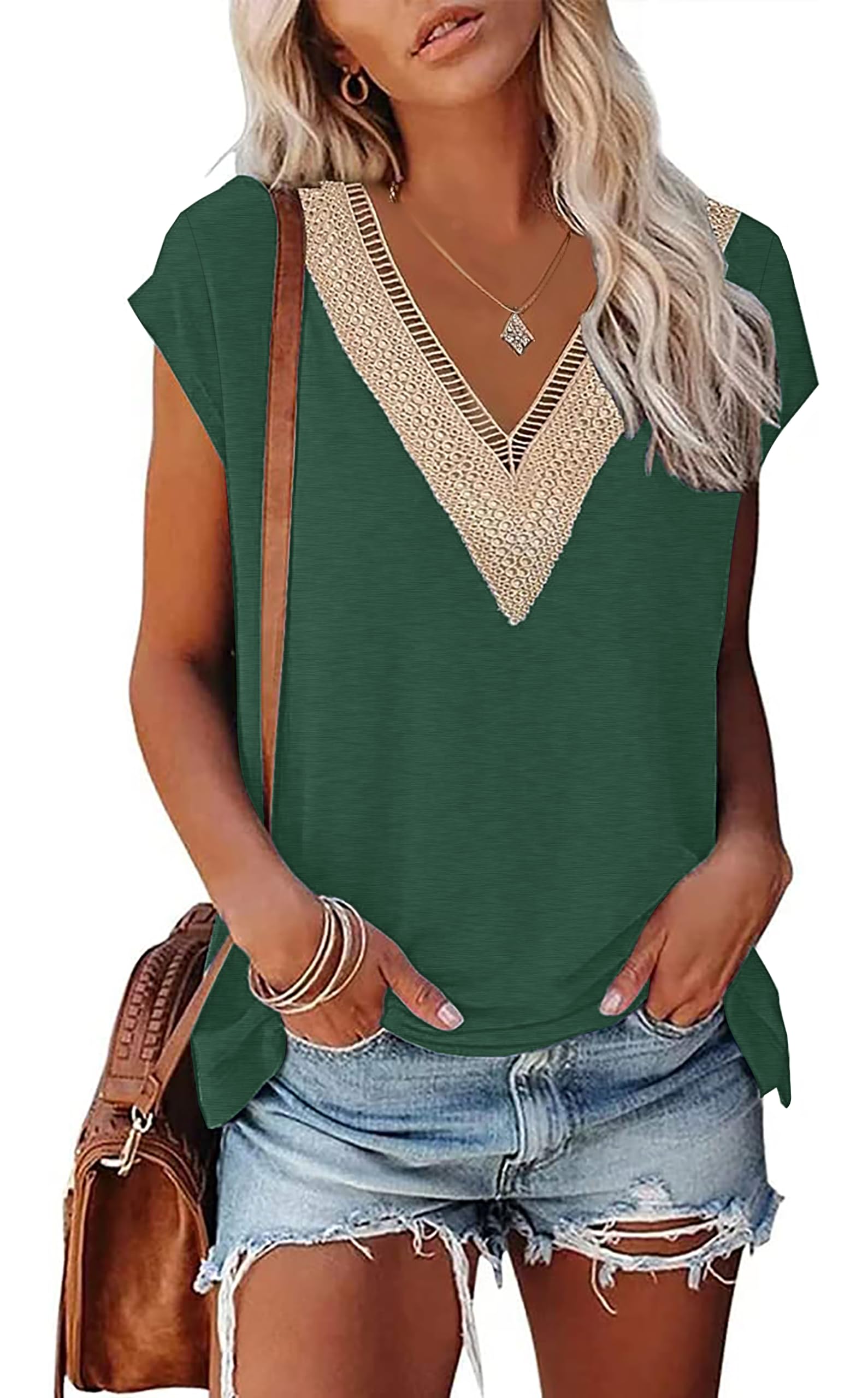 PLOKNRD Sommer Damen T-Shirt Freizeit Top mit V-Ausschnitt Kurzen Ärmeln Spitze Strand Oberteile