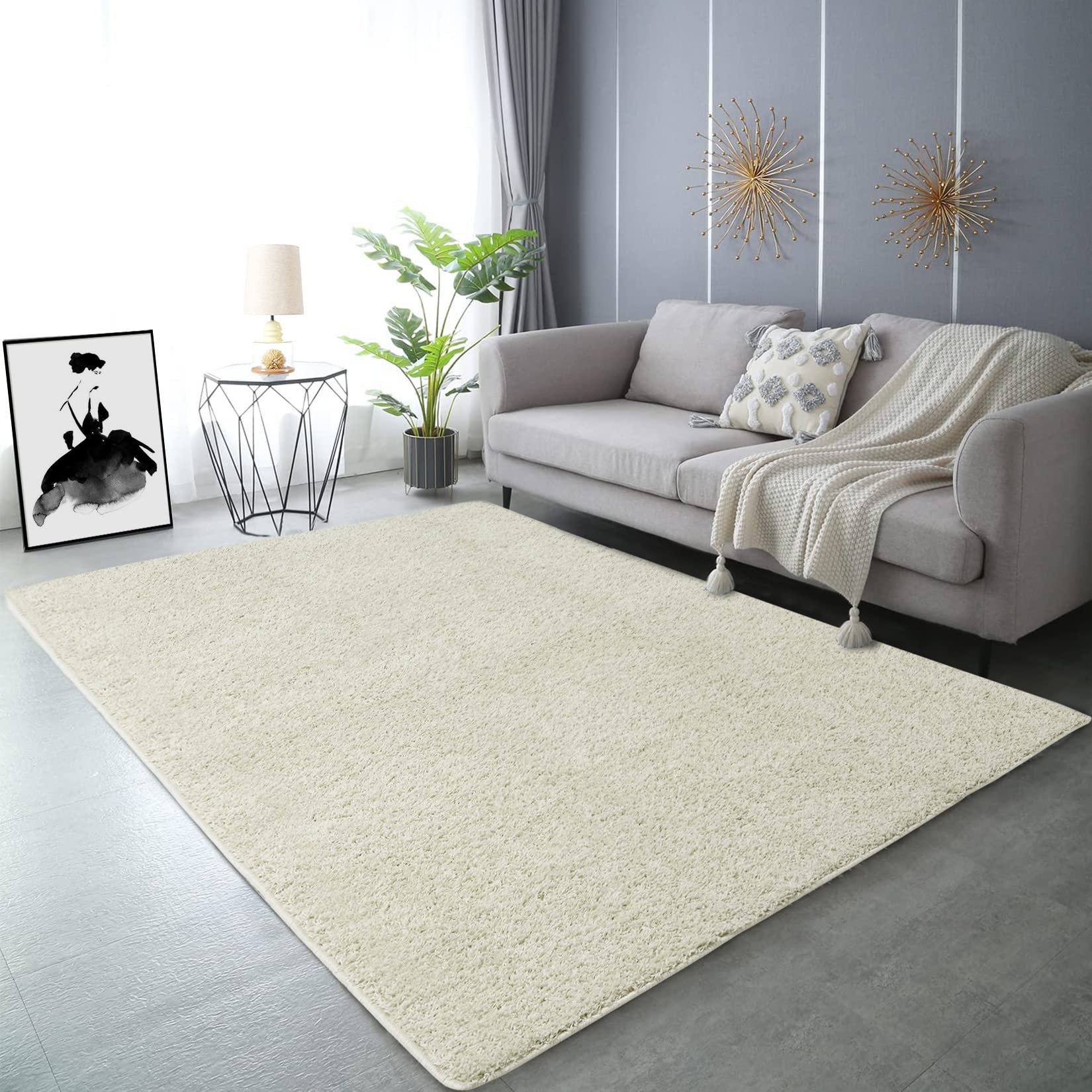 8ft x 10ft,  Coastal, Plush, Ivory, Stain Resistant, Area Rug 