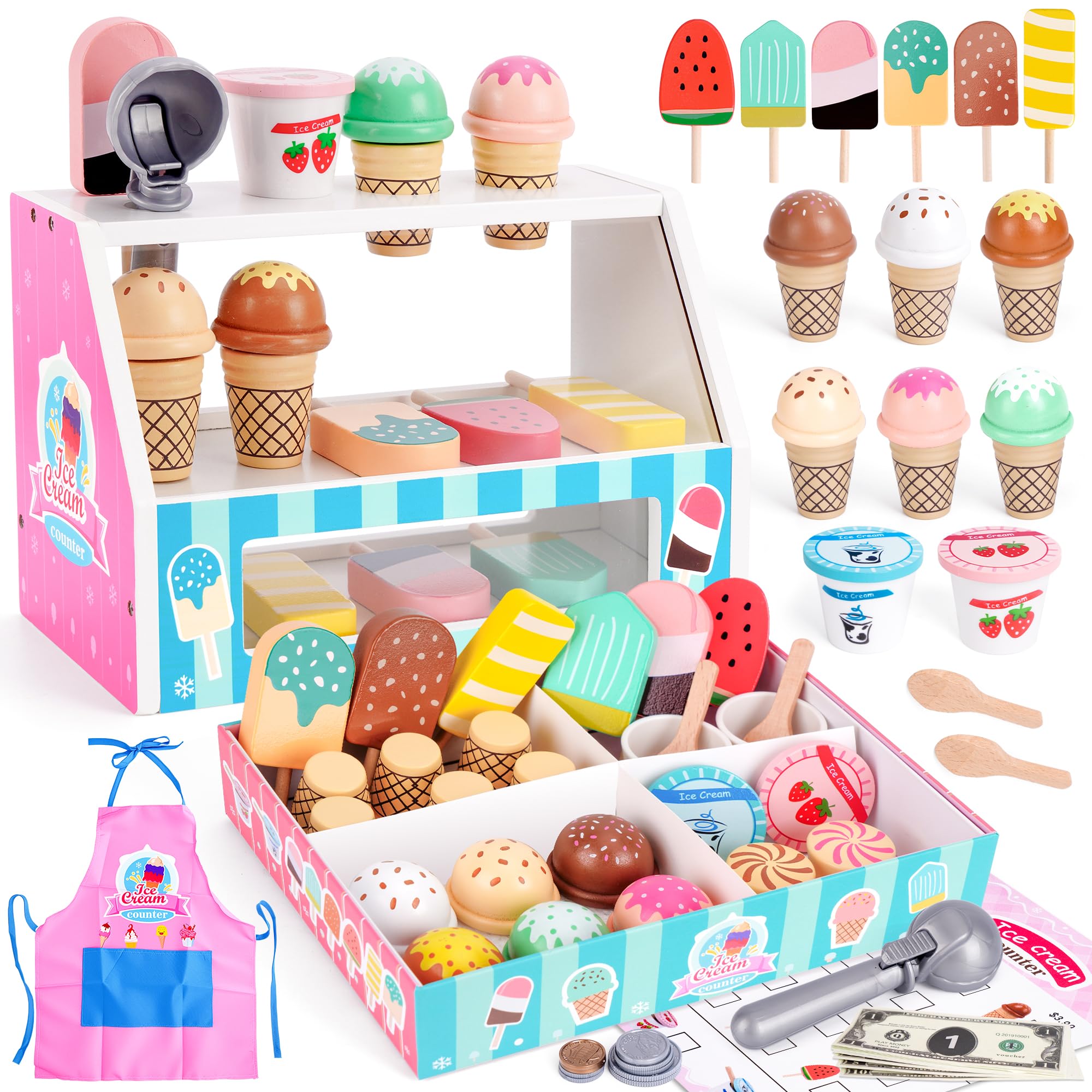Ice Cream Toy, Wooden Ice Cream Play Set with Aprons, Fake Money, Scoop, Menu, Ice Cream Toys Pretend Play Toys for Girls Boys, Wooden Play Food Set Toy Kitchen Gifts for 3 4 5 6 Year Old Toddlers