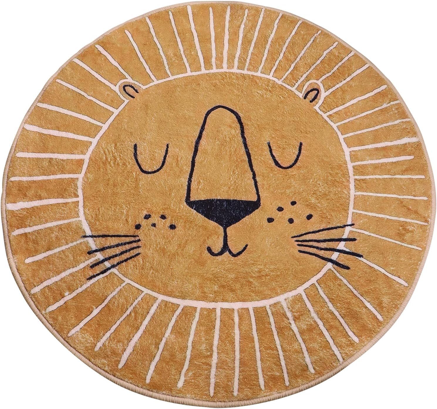 Tapis Rond Marron et Jaune, Motif tête de Lion, Tapis pour Enfant, Dessous antidérapant, Lavable, Tapis de Jeu intérieur et extérieur (120x120cm)