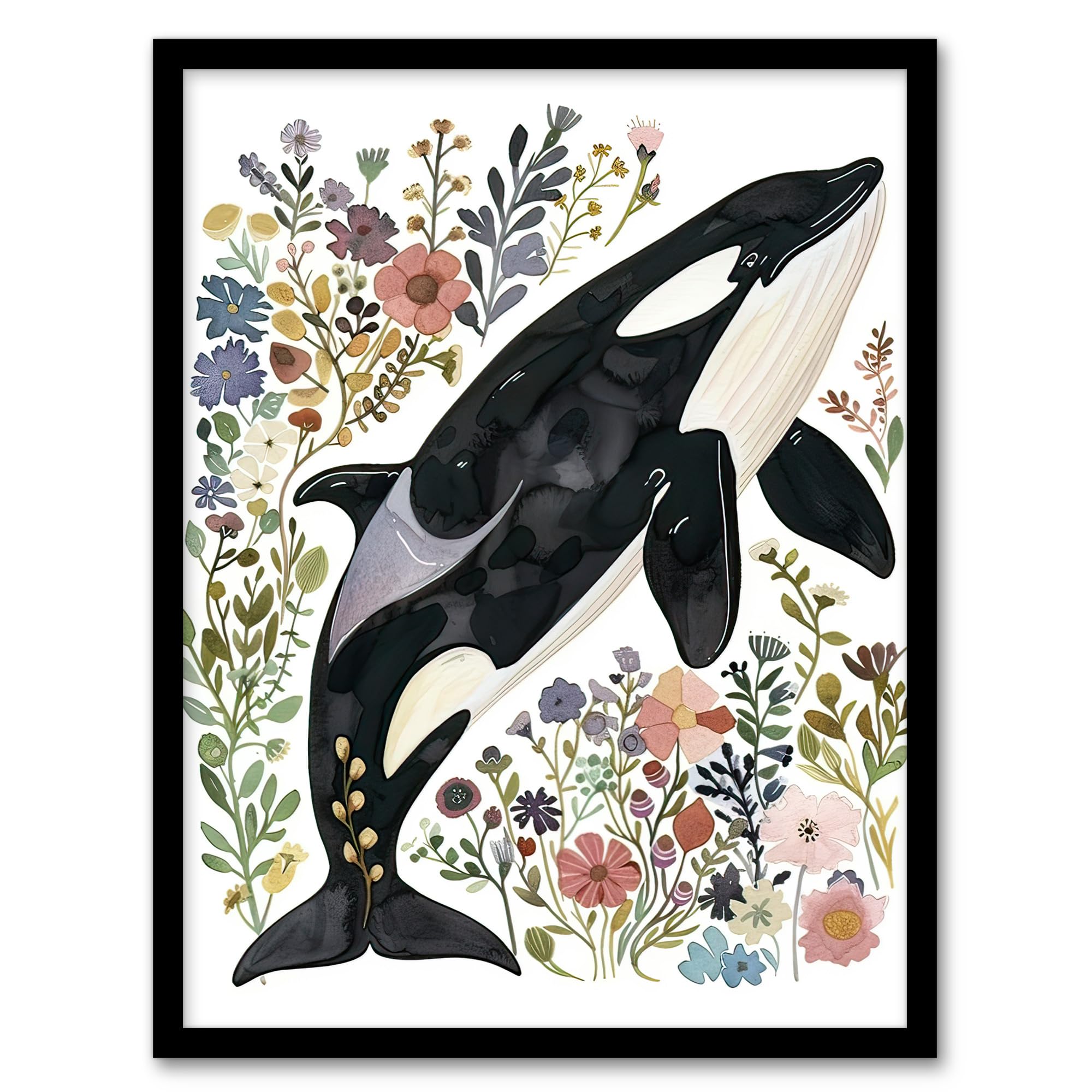 Artery8 - Framed Print - Orca Killer Whale with Wildflowers - A4
