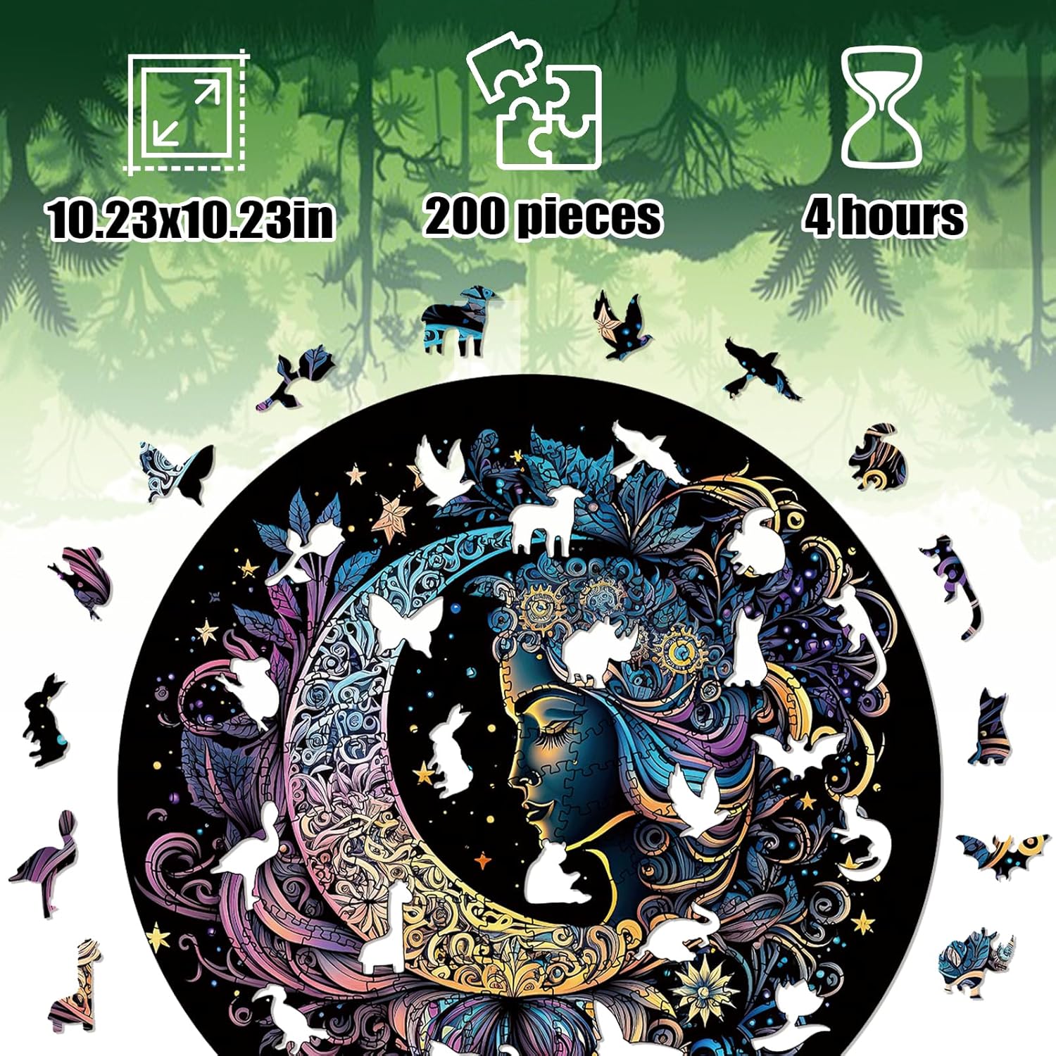 Wooden Puzzles for Adults, 200 Pieces Sun and Moon Uniquely Irregular Animal Shaped Wooden Jigsaw Puzzles, Creative Gift for Adults