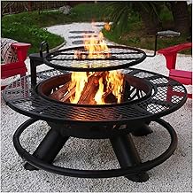 Red Mountain Valley 47" Outdoor Fire Pit with Adjustable Grill, 2-in-1 Large Wood Burning Round FirePits, Metal Outdoor Fireplaces, Round Metal Table for Patio, Backyard, Black