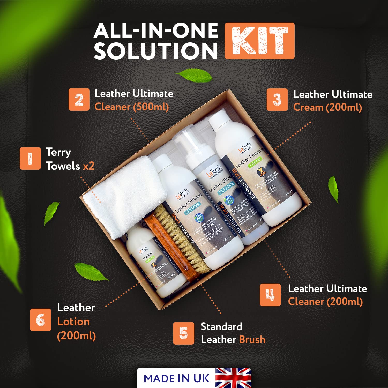 Letech Leather Cleaner for Car Interior 16.9 oz, 6-Piece Shoe Leather Care Kit, Leather Conditioner for Furniture 500 ml, Leather Furniture Cleaner and Conditioner with Cream, Lotion, Brush, Towels